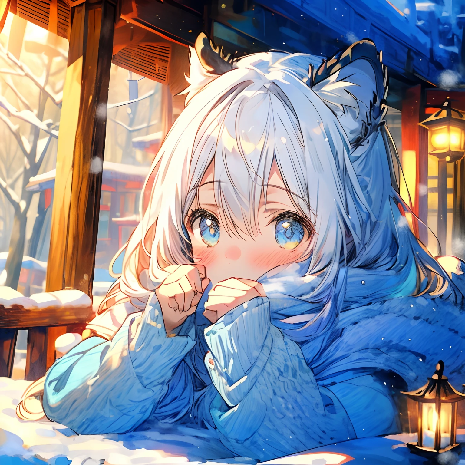 (1girl in),In the snow with lanterns, goddess of winter, Eyes glowing with bright colors, Elaborate and delicate ornaments and dresses, Detailed drawing, Vivid colors, High quality, airy, wonderful masterpiece, Vivid colors, fine lines, (((Quiet winter forest))), ((Beast ears)), Fluffy, Winter Forest, Big eyes, snow blowing, Snow leopard girl, White breath, Chiquita, girl, Little Lori、Big snow leopard ears and tail、Hair with a lot of hair、7 year old giraged 6、White hair、((White hair)),