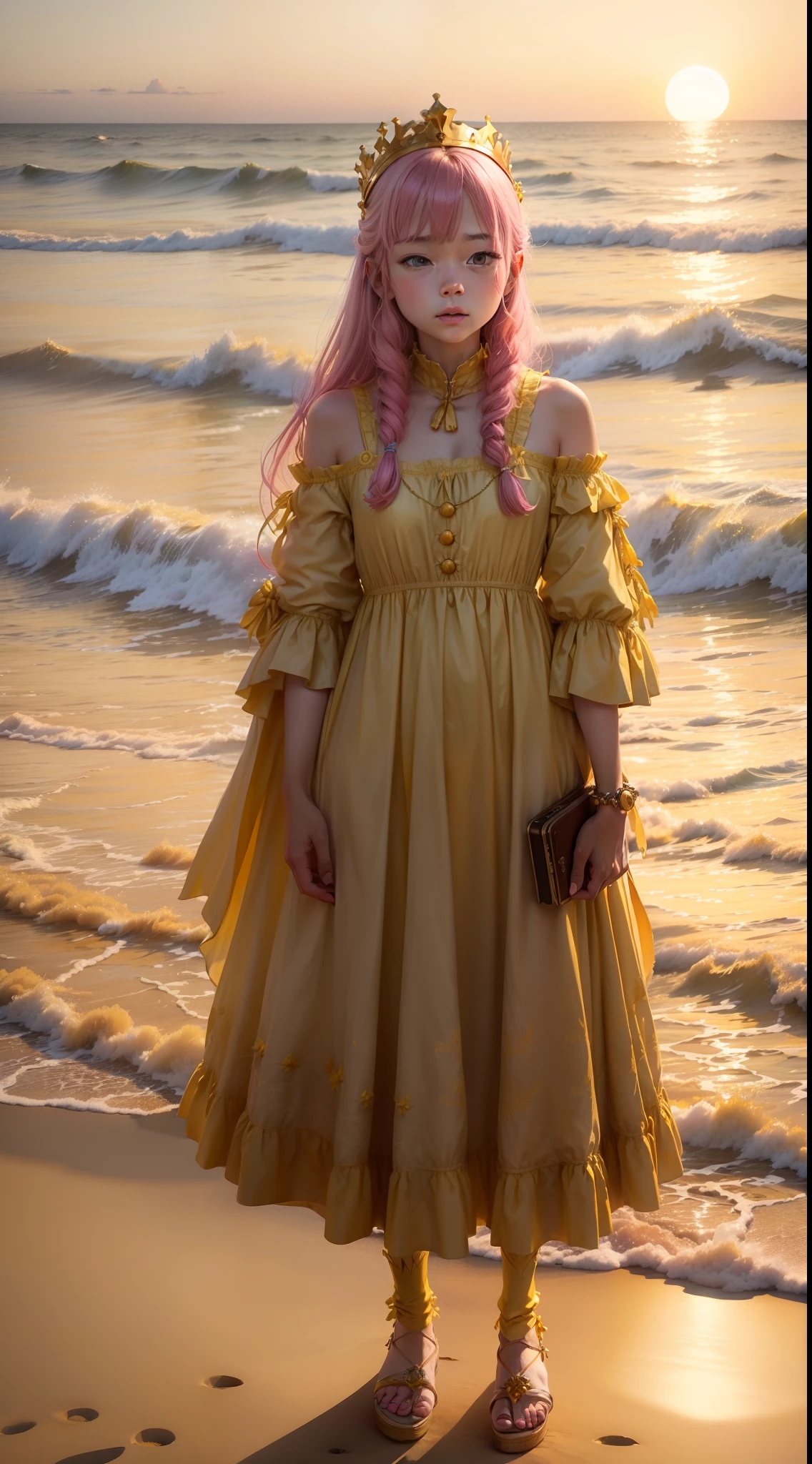 in a(((kinginyellow)))'s(eventide)，One wears{{Pink ornaments}}'s{bit girl}standing at the beach。