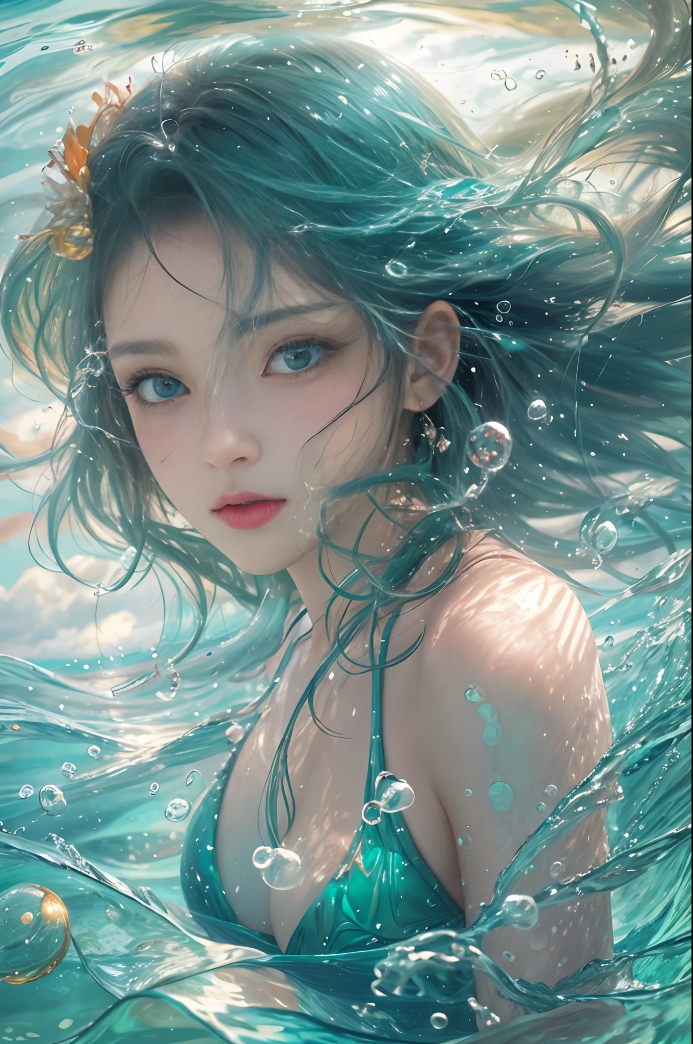 Clear focus、high-definition picture、realphoto、natural soft light、One girl、Best Beautiful Girl、Refreshing look、Elaborate face、eyes large、二重まぶた、Pleasant look、mare、waterface、vague、white clouds、Sunset、blue open sky、Micro Bikini Swimsuit、Tangier、water bubbles、Fine Form、Expressing the flow of water、brilliance、Beautiful water surface、Swim underwater、emerald green、Beautiful images