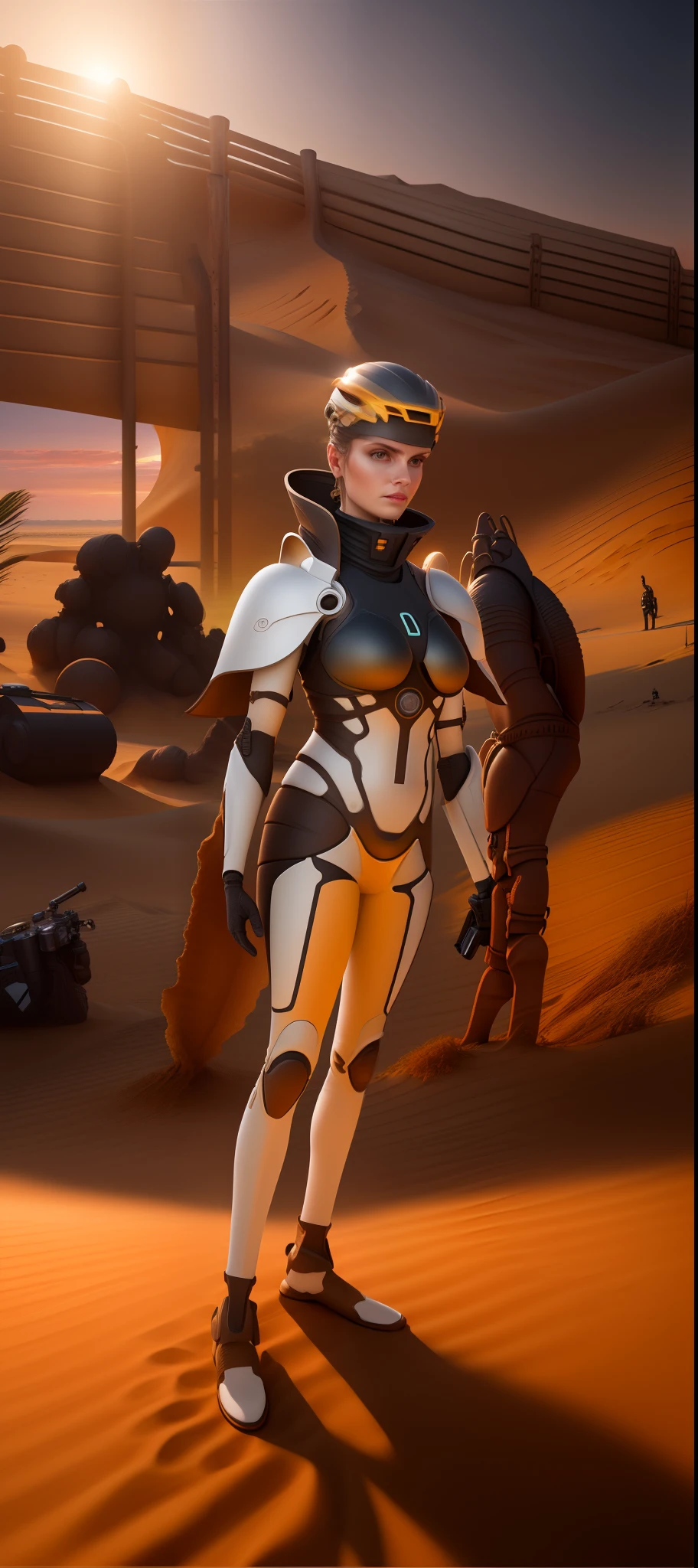 Change this model background to a dune, sunset, professional product photography |