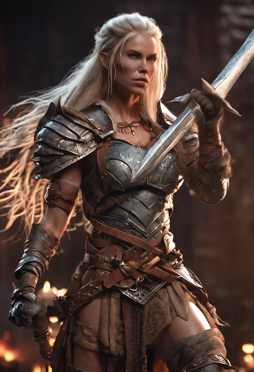 Maiden barbarians in Dungeons & Dragons, Blonde hair with long braids, Full body leather and fur armor without metal, Holding a spear, Big muscles, DnD, in the style of realistic and hyper detailed renderings,dungeons and dragons, 8K, Detailed eyes, Perfect eyes, Epic , Dramatic , Fantastical, full bodyesbian , Intricate design and details, Dramatic lighting, hyper photorealism, Photorealistic, Cinematic, 8K, Detailed face, Dramatic photo,epic photo, Whole body,Savage,