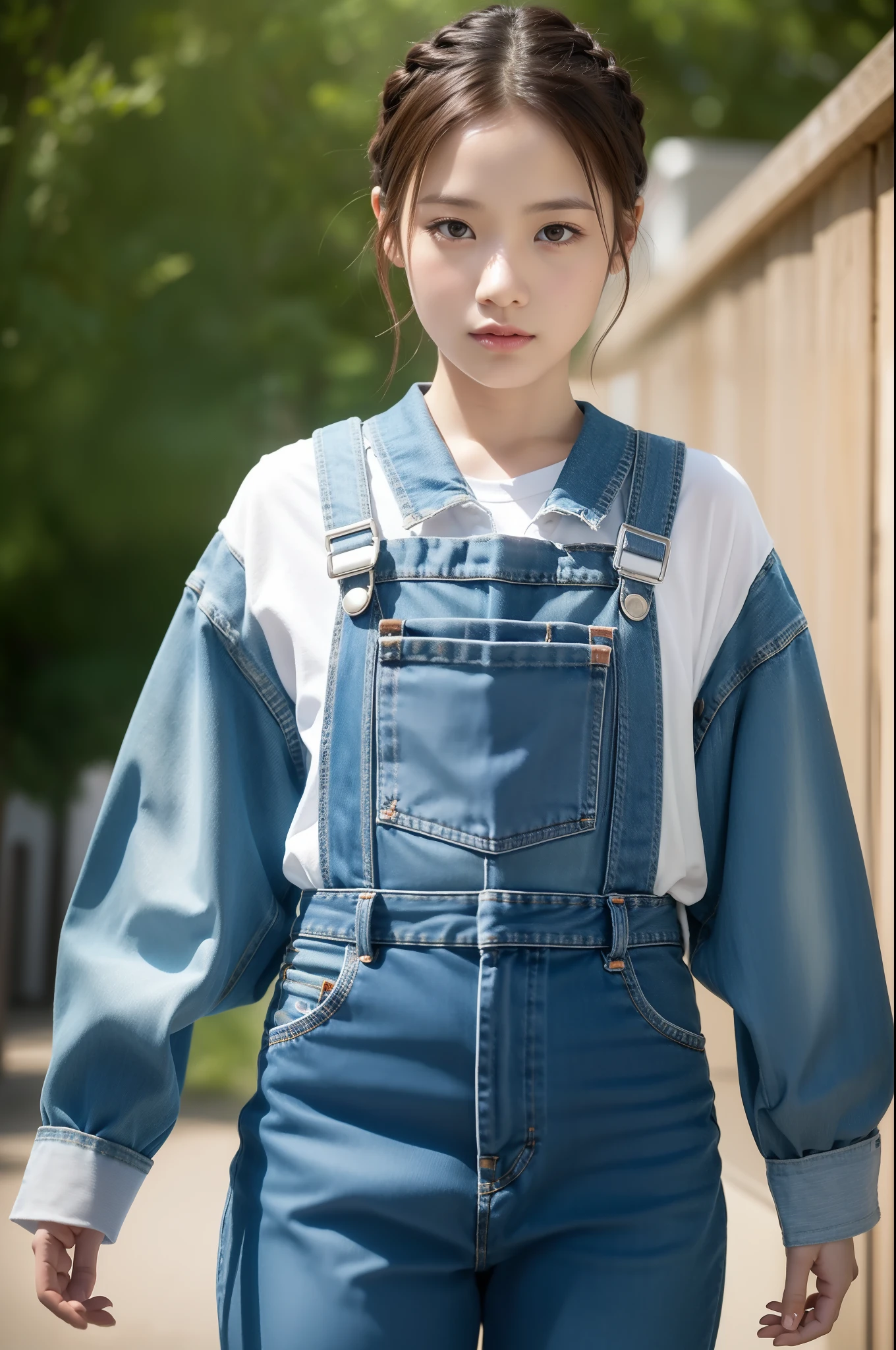 movie picture quality，Disney animation，Disney animated films，Doomsday Scenes，fire glow，blasts，Short hair and small braids，Denim suspenders，The barefoot，depth of fields，high light，Real light，Ray traching，oc rendered，Hyper-realistic，best qualtiy，8K，Works of masters，super-fine，Detailed pubic hair，Correct anatomy，sharp focus on eyes，Bokeh，Facial features are carefully depicted
