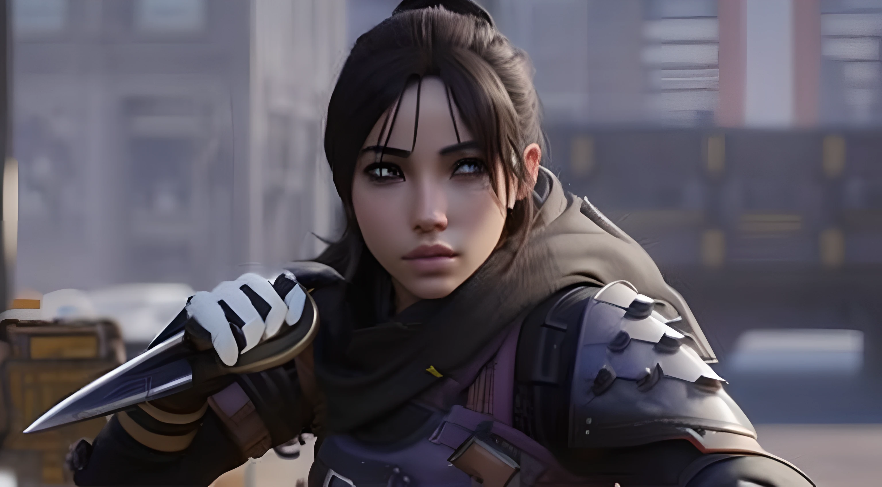 uma mulher de armadura segurando uma faca em uma cidade, Loba Andrade de Apex Legends, Wraith de Apex Legends, Makoto Shinkai ( apex legends ), portrait of apex legends, Personagem de Apex Legends, in style of apex legends, arte do personagem do motor irreal, protagonista feminina, Personagem pequeno. Motor Unreal 5, Personagem feminina solo, Personagem close up, Kate Bispo