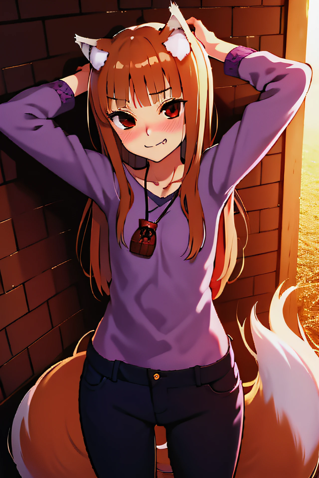 absurdres, best quality, masterpiece, novel illustration,(spice and wolf), (((holo))), (spicytail), (koume keito:1), (ayakura juu:1), (kawakami rokkaku:1), looking at viewer, wolf_ears, wolf_girl, wolf_tail, holo, animal_ears, 1girl, long_hair, brown_hair, purple_shirt, solo, brick_wall, blush, pouch, fang, red_eyes, smug, barrel, arms above head, from front,