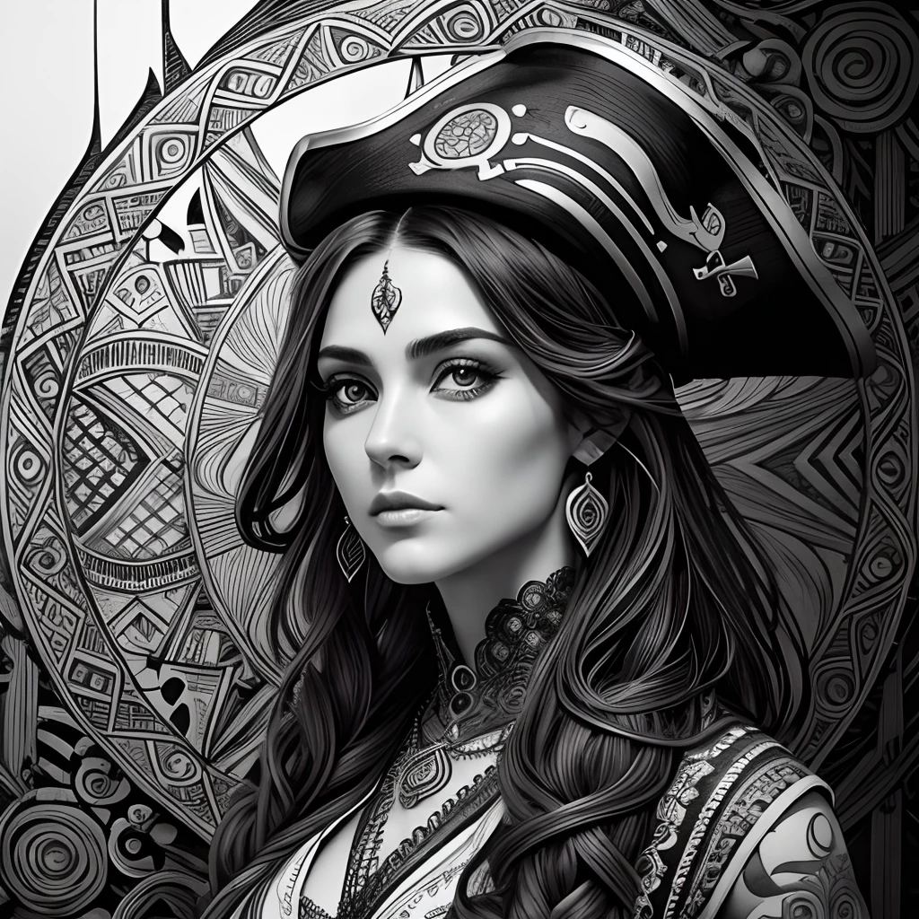 Centred potrait of a female Pirate, black and white, zentangle (best quality) ultra-detailed, fine line drawing, fine line art, coloring book illustration style, intricate linework, highly detailed illustration, perfect composition, beautiful and stunning, dynamic angle, high contrast, incredible shading, incredible detail, unique style, black and white details, (dark and mystical atmosphere), intricate and detailed nature elements.