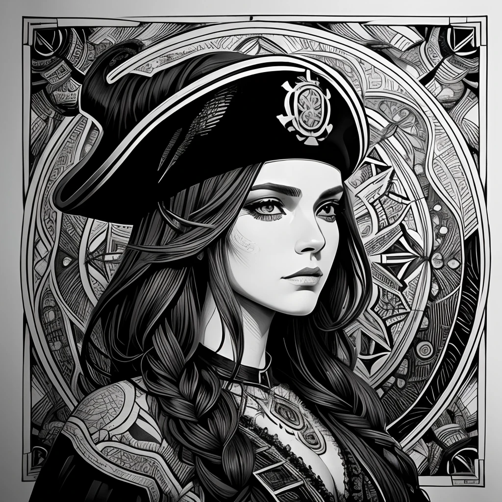 Centred potrait of a female Pirate, black and white, zentangle (best quality) ultra-detailed, fine line drawing, fine line art, coloring book illustration style, intricate linework, highly detailed illustration, perfect composition, beautiful and stunning, dynamic angle, high contrast, incredible shading, incredible detail, unique style, black and white details, (dark and mystical atmosphere), intricate and detailed nature elements.