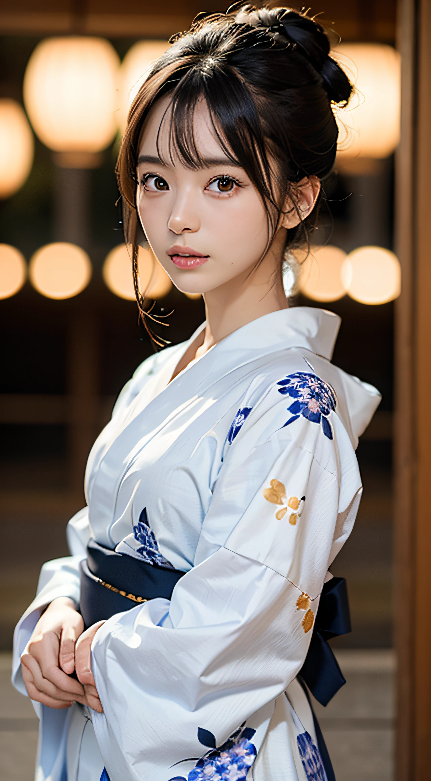 (masterpiece, highest quality:1.4), Beautiful Face, 8k, 85mm, Absurd, (Floral Yukata:1.4), Face close-up, violet, Gardenia, Delicate girl, alone, night, View your audience, Upper Body, Film Grain, chromatic aberration, Sharp focus, Face Light, Professional Lighting, Sophisticated, (smile:0.4), (Simple Background, Bokeh Background:1.2), detailed aspects,((Show one breast:1.67),((Very young, Very few, Very flat chest:1.5),(A very sad crying face:1.1)