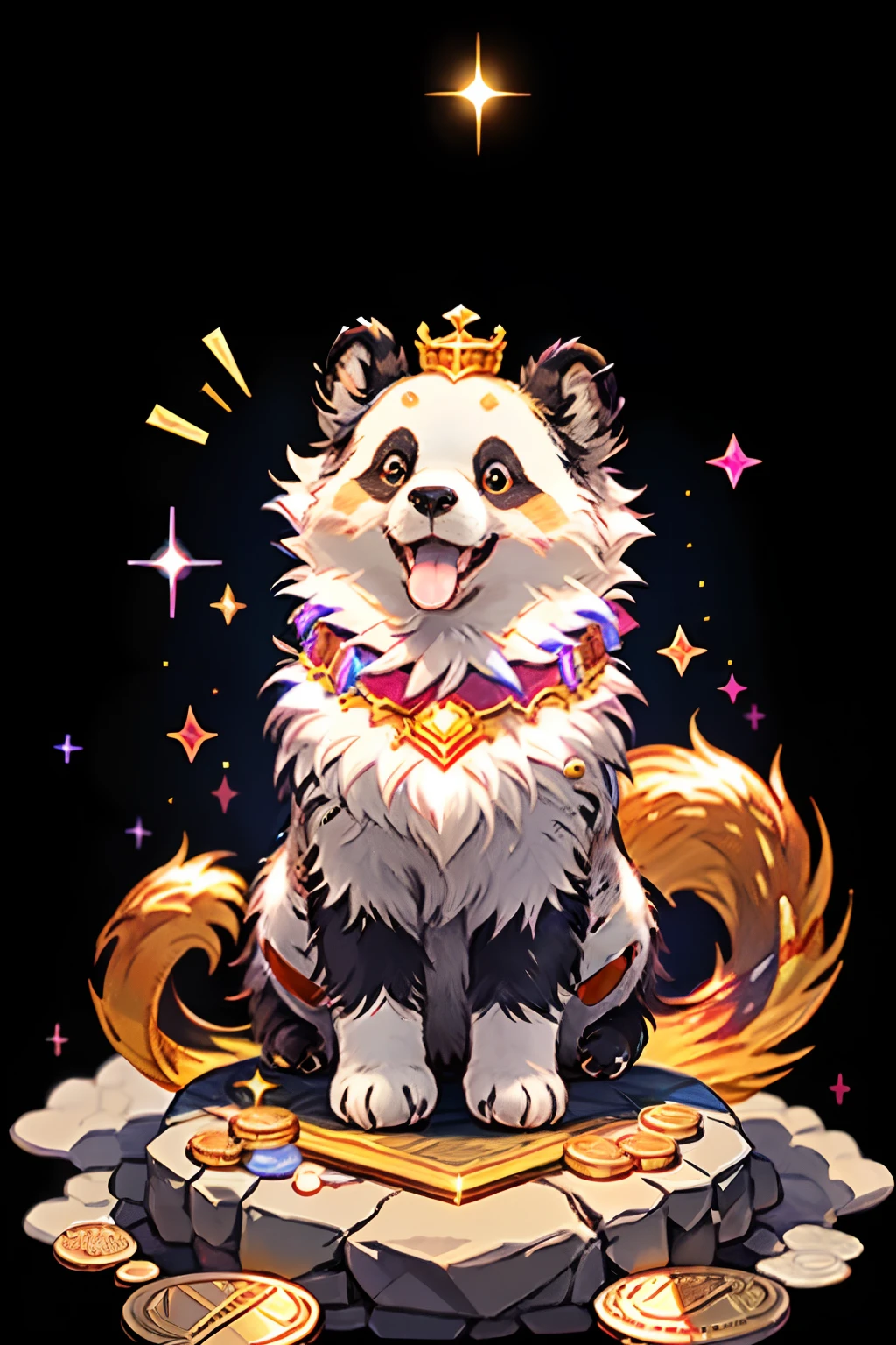 Niji is proud, 独奏, ssmile, with her mouth open, No tongue,sitted,One paw raised, inner strength, ssmile, As estrelas (sigature), Gold ingots and coins, No Man, glittery, head looking up, pandas(Critters), Animal focus, sparkle eyes, fluffly