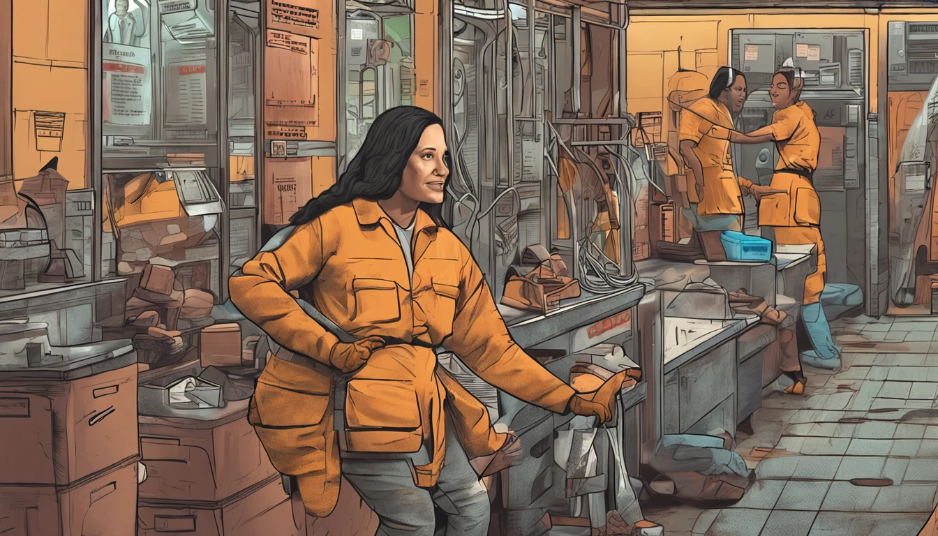 Combining the form of a sanitation worker and a Mona Lisa,Middle-aged woman,Wear sanitation overalls,Kind smile,Pose for the Mona Lisa