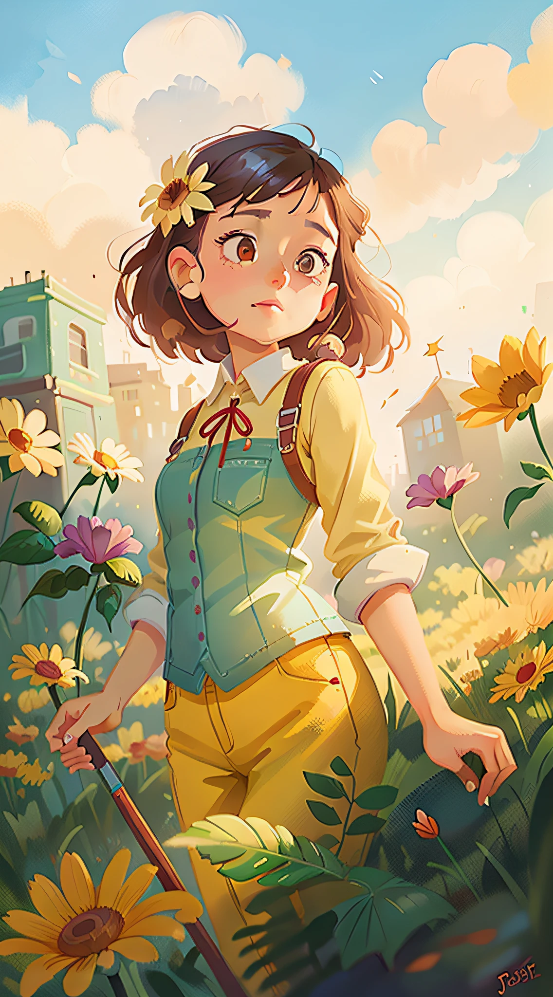 There is a painting,The painting shows a woman in a flower field, Beautiful digital illustration, A beautiful artwork illustration, Artgerm and Atey Ghailan, beautiful digital painting, Beautiful digital artwork, lovely digital painting, rob rey, Beautiful character painting, childrens art in artstation, Gorgeous digital painting, ross tran. scenery background, stunning digital illustration