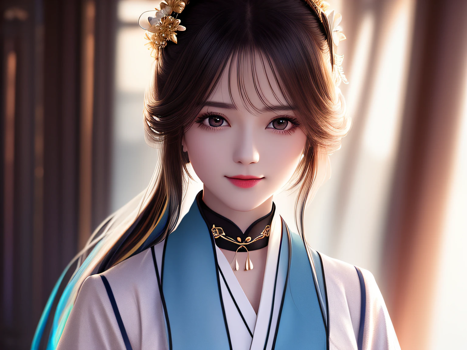 Need,tmasterpiece,A high resolution,1girl,Blushlush,(Seductive smile:0.8),starpupil,Chinese Hanfu,hair adornments,choker necklace,jewelry,beautfully face,on_body,dingdall effect,realisticlying,Shadow Room,light edge,Two-tone lighting，（highdetailskin：1.2），8k uhd，Slr，softlighting，high high quality，Volumetriclighting，sneak shot，photore，A high resolution，4k，8k，Background bokeh，Half-body close-up