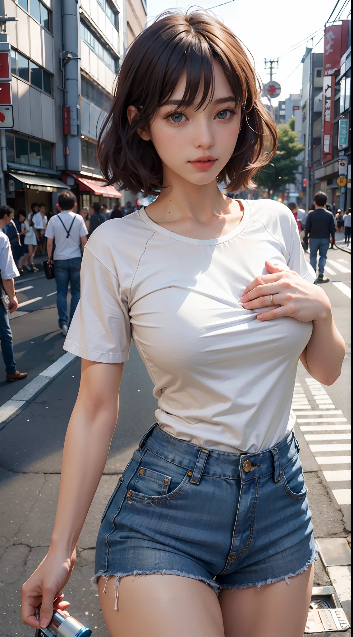 (Masterpiece, BestQuality:1.3), (ultra detailed 8k cg:1.2), (hyperrealistic:1.35), (Photorealistic:1.8), (realistic:1.8), (ultra high res:1.2),(RAW photo:1.2), highres, ultra detailed,absurdres,(realistic lighting:1.5) ,(midday:1.8), sharp focus, (bokeh:1.6), (flash lighting:1.8), (light on face:1.7), (sharp focus:1.3), delicate composition,(face focus:1.5),vibrant details, hyperrealistic, (extremely detailed beautiful face and eyes:1.4), (extremely detailed beautiful hair:1.4),(porcelain skin:1.5),(smooth skin:1.5),(cowboy shot:1.3), (japanese idol:1.3),(20yo:1.1),(is wearing extremely detailed t-shirt and denim:1.5),(light smile:1.2), (young hands:1.6), bob hair,(huge breasts:1.5),(underboob:1.3),(depth of field, chromatic aberration, caustics, Broad lighting, supermodel:1.2) ,natural shading,(make up:1.2),(posing:1.3)
BREAK
(detailed tokyo street background:1.4), bangs,looking at viewer, (cute),(kawaii), finely detail, (ideal ratio body propotions:1.2), loraeyes,