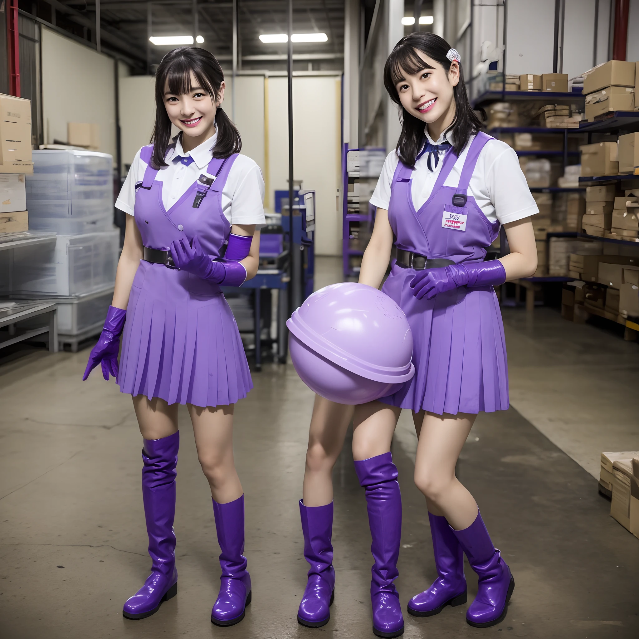 Female, 30s, jpn,Wearing a girls' high school uniform,A smile,Show around the warehouse,Recruitment,rubber glove、Purple rubber gloves、Purple rubber gloves、Long Globe,Glossy purple gloves、whole body soaked、Gloves get dirty、White liquid in a cup、long boots、all-fours