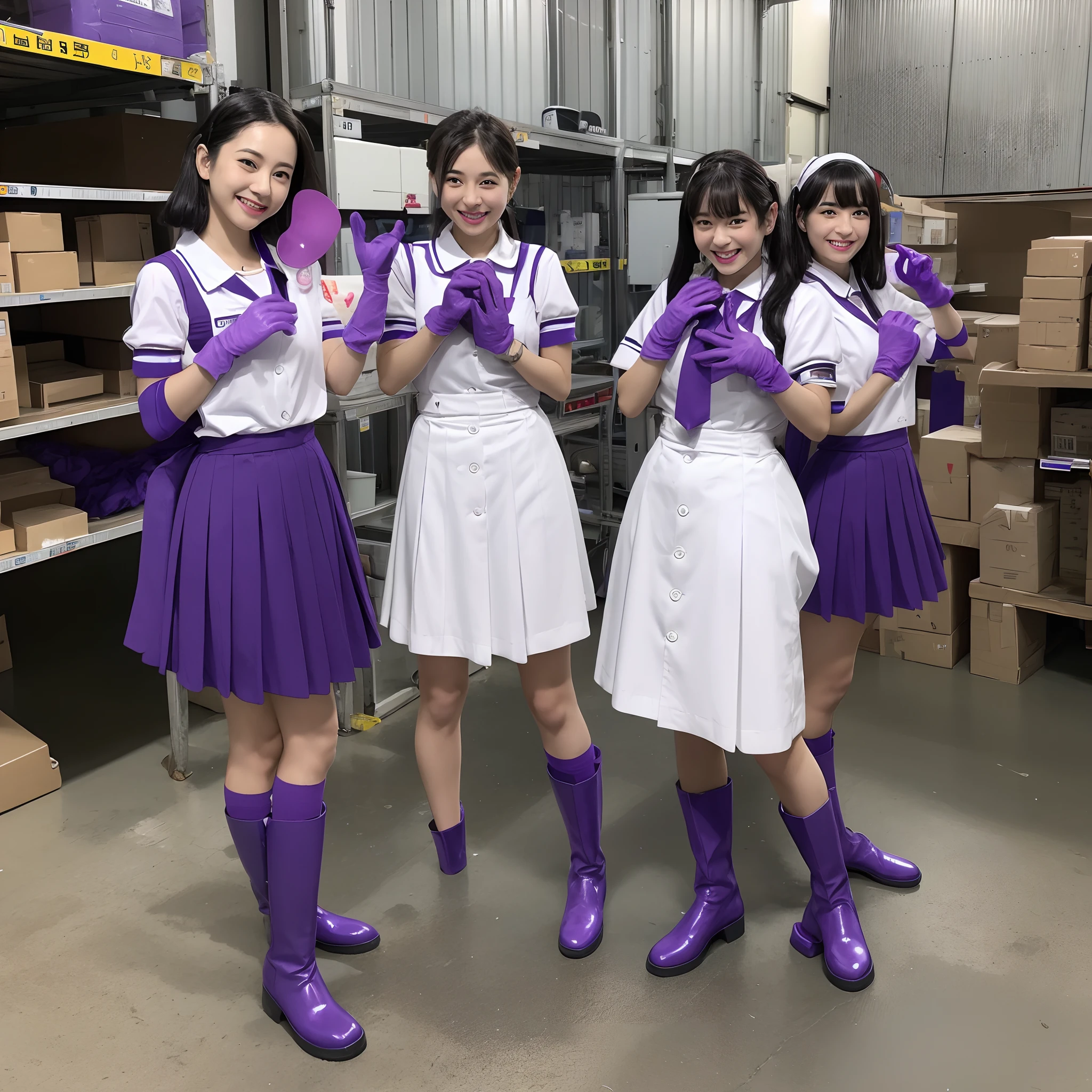Female, 30s, jpn,Wearing a girls' high school uniform,A smile,Show around the warehouse,Recruitment,rubber glove、Purple rubber gloves、Purple rubber gloves、Long Globe,Glossy purple gloves、whole body soaked、Gloves get dirty、White liquid in a cup、long boots、all-fours