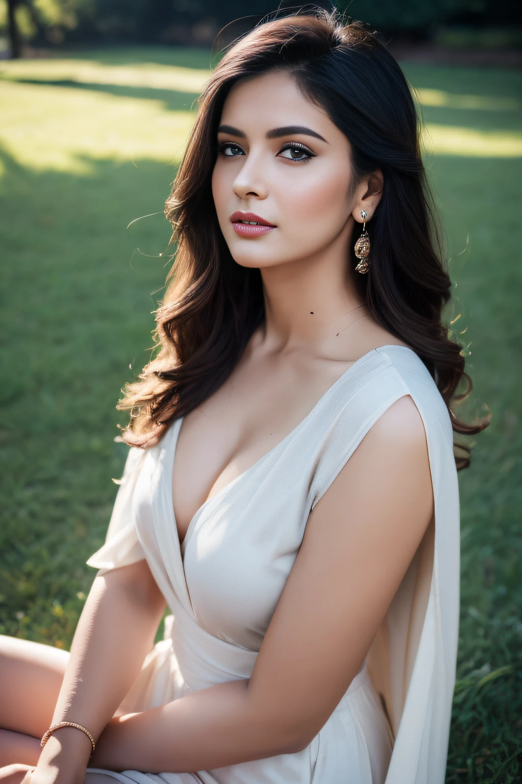 Nude, topless, Portrait of A confident-looking indian woman with long flowing hair, hazel eyes, with flowing capes, c-cup breasts, sitting in grass, water background, bokeh, perfect composition, hyperrealistic, super detailed, 8k, high quality, trending art, trending on artstation, sharp focus, studio photo, intricate details, highly detailed, art by greg rutkowski