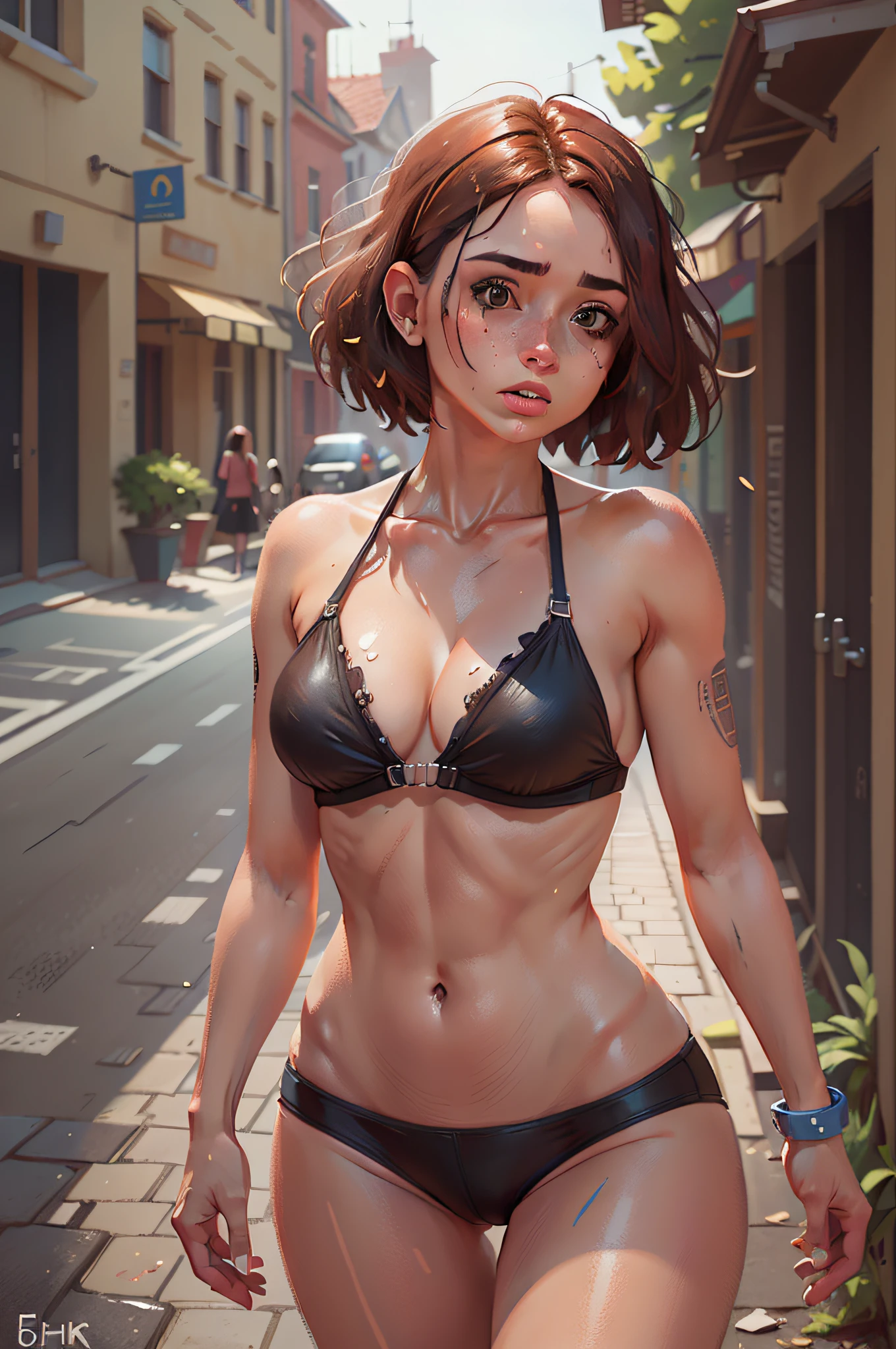 beautiful redhead woman, 30 years. (em plano geral), (Walk the deserted streets), (walked), short hair, Detailed skin and moles, hason, Realistic photography, photography of, (Perfect waist), tmasterpiece, realisticlying, hentail realism, rendering, hight contrast, Digital art realistic photography trend in Artstation 8k HD realistic HD detail, A detailed, skin texture, ultra - detailed, realistic skin textures, (Background, In the historic city, old castle), best qualityer, 超A high resolution, (Photographer: 1.4),, A high resolution, A detailed, Original photography, Sharp, author:Lee Jeffries Nikon D850 Film Stock Photography 4 Kodak Portra 400 Camera F1.6 shots, rich colors, ultra-realistic textures, dramatic lighting trends, Unreal Engine on Art Station, Film Stills 800, Bikini