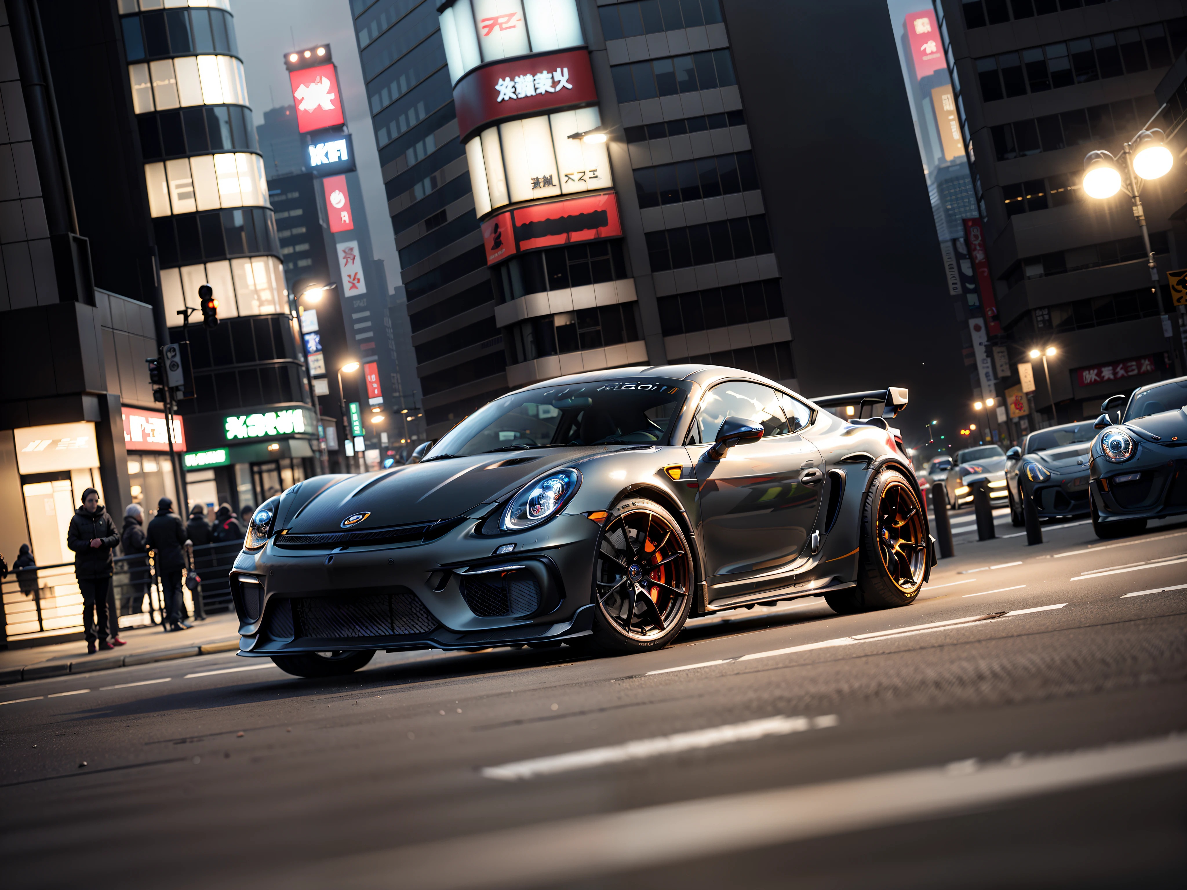 （Ultra-photorealistic quality）、Ultra-fine painted surface、masuter piece，8k wallpaper，nffsw，Ultra-high image quality，light and shadow effect 、((Dark Grey Cayman GT4 RS　1Car)), Gran Torismo logo decal at wind window、Front bonnet is wet carbon、Car height 5ｃｍLow ride height at the drop、Bronze-colored wheels in forged aluminum、Leans forward a little with a slightly larger rear wheel、Front lights have tinted finish、Scramble crossing in Shibuya、city light at night、All four wheels are slightly negative camber.、Professional Outdoor Lighting、Model 981。