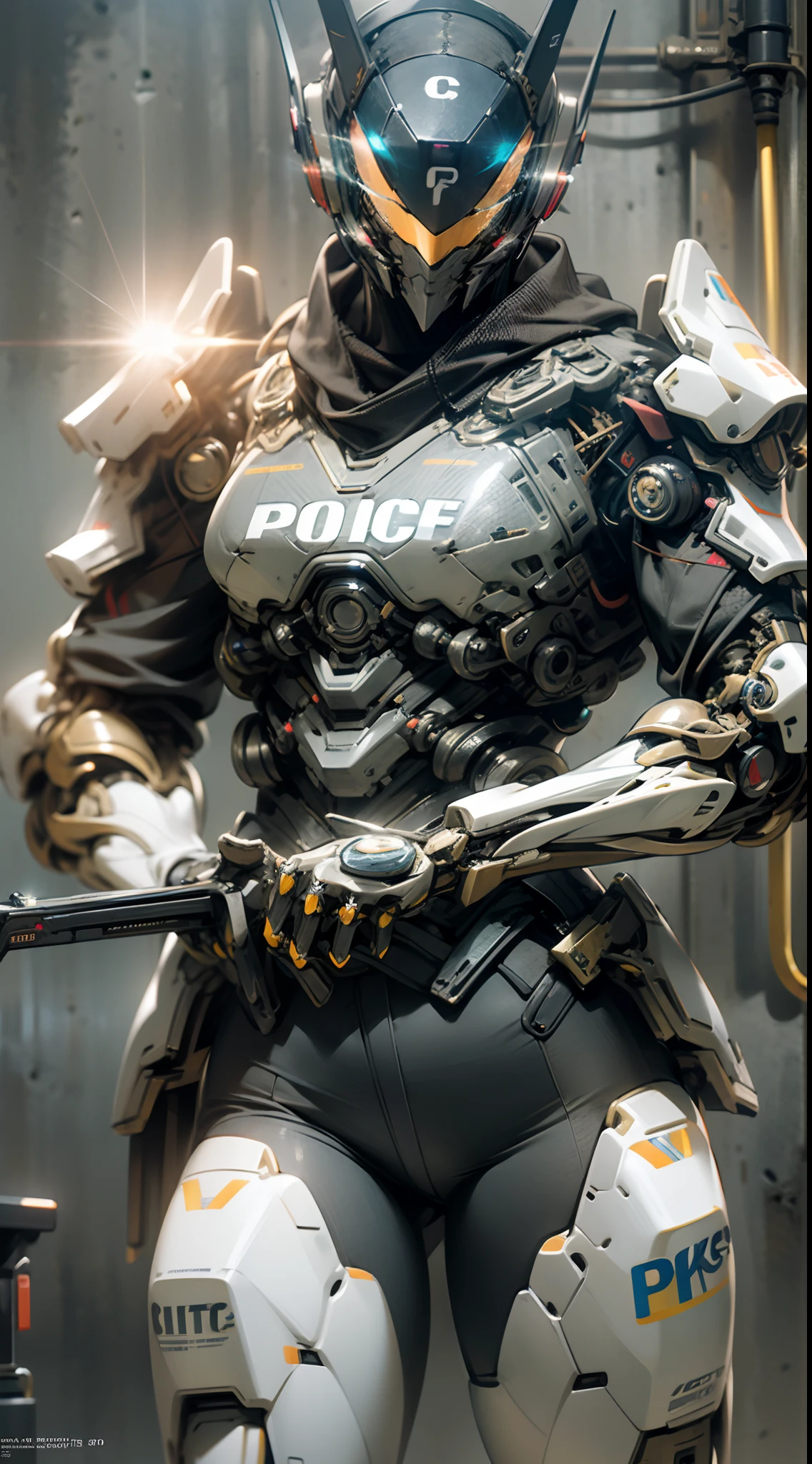 Mechanical police judge standing in front of a police car，Police badge，Armed with a police gun，Highly complex armor，hyper realisitc， rendering by octane，（tmasterpiece，best qualtiy），Ultra-detailed 8K，realisticlying，Clear focus，highly  detailed，profesional lighting，（lens flare glow：1.2），