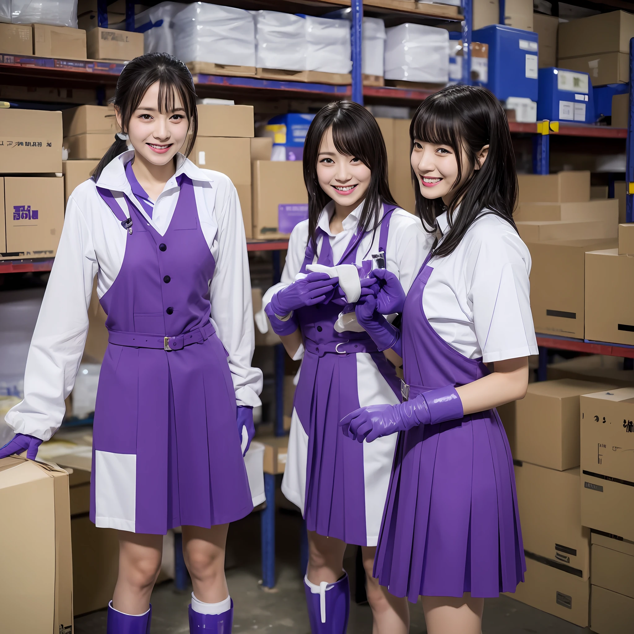 Female, 30s, jpn,Wearing a girls' high school uniform,A smile,Show around the warehouse,Recruitment,rubber glove、Purple rubber gloves、Purple rubber gloves、Long Globe,Glossy purple gloves、whole body soaked、Gloves get dirty、White liquid in a cup、long boots、all-fours