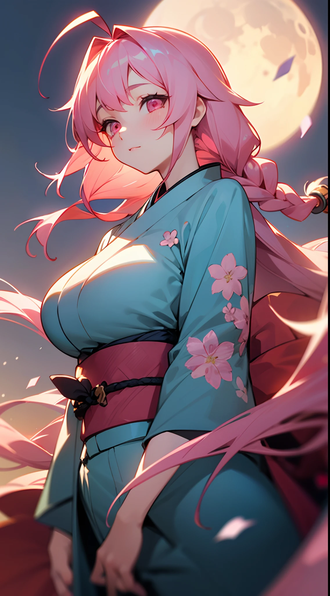 1 girl, game CG, floral blue kimono, gigantic breasts, pink hair, long hair, braids, princess hairstyle, ahoge, pink eyes, full moon, dumplings,