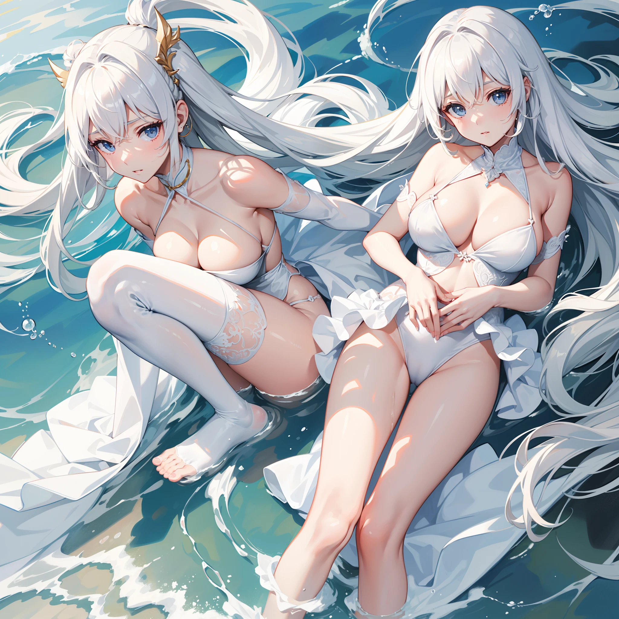 Kizi,Bare legged,One foot is wearing white silk,The other foot did not wear anything,swim wears,white color hair,Raise your feet to each other,the detail,Fluid on the feet,Get wet all over your body,An expression of contempt,Protruding cleavage breasts,Protruding underparts,Detailed description
