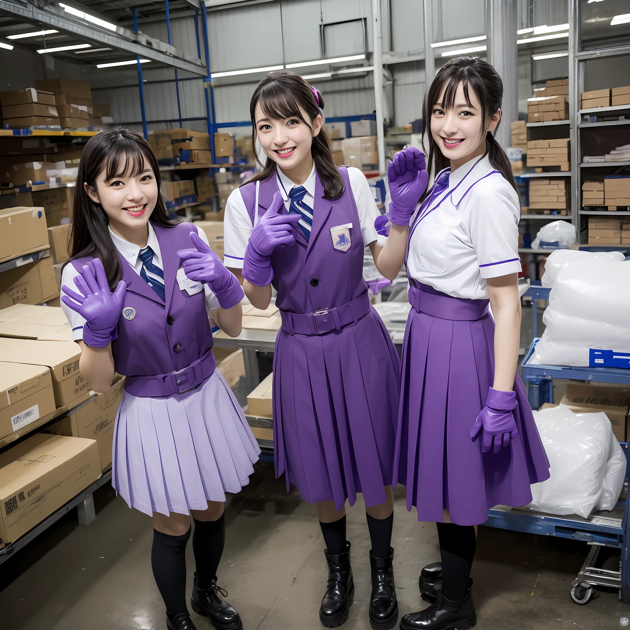 Female, 30s, jpn,Wearing a girls' high school uniform,A smile,Show around the warehouse,Recruitment,rubber glove、Purple rubber gloves、Purple rubber gloves、Long Globe,Glossy purple gloves、whole body soaked、Gloves get dirty、White liquid in a cup、long boots、all-fours