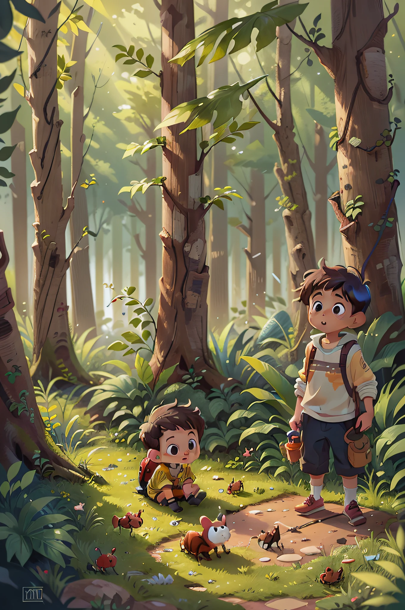 Little boy and girl observe little ants on the ground in the woods,The colors are bright and bright