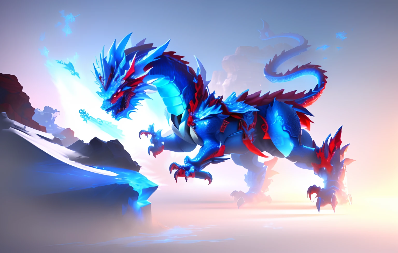 There is a red dragon with white wings flying in the sky......, Red Chinese Dragon Fantasy, dragon inspired blue armor, frost dragon, blue scaled dragon, crystal dragon, chinese dragon concept art, blue dragon, depicted as a 3 d render, smooth chinese dragon, legendary dragon, frostbite 3 rendered, lung dragon, water dragon, blue fire powers, Blue Desinn