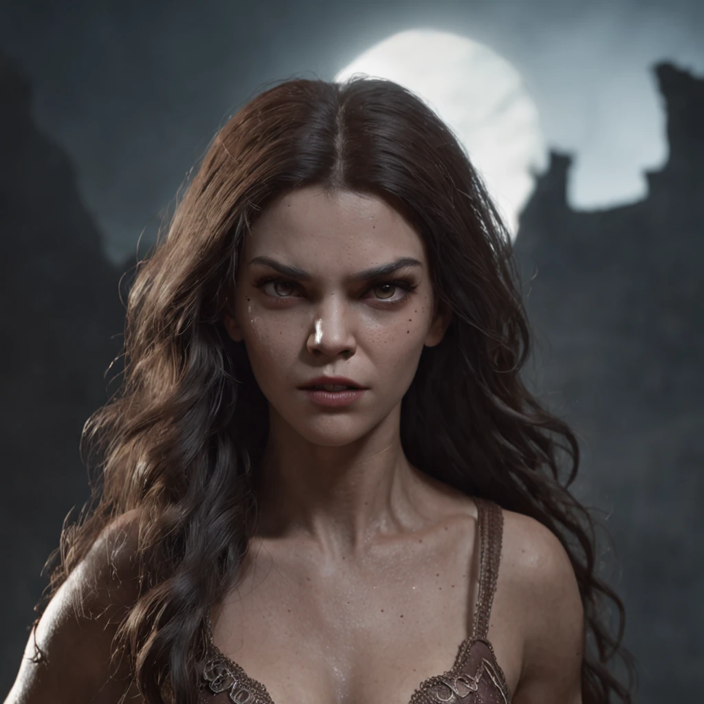 (Professional 3D rendering:1.3) de (Realistic:1.3) photo of the world's most beautiful art raw features, criatura monstruosa, lobisomem feminino, mulher lobo, female werewolf, transformada,((epic rough fantasy strong werewolf, Loba looks angry with long hair and fierce expression in dynamic pose, peluda, werewolf, fantastic location, lua cheia, moon on the sky, majestoso ambiente desordenado)), corpo inteiro 8k unidade render, action shot, poros da pele, very dark lighting, sombreamento pesado, circunstanciado, rosto detalhado, (Vibrando, Fotografia realista, Realistic, Dramatic, Escuro, foco nítido, 8k), (Roupas de couro velhas danificadas pelo mau tempo:1.4), ((((Use peles)))), (intrincado:1.4), decadente, (altamente detalhado:1.4), Pintura digital, rendering by octane, art stations, conceito-arte, liso, foco nítido, illustration, germe da arte, (Loish:0.23), Wlop Ilya Kuvshinov, e greg rutkowski e alphonse mucha gracias, (global ilumination, luz da lua, light volumetric), chuva forte, floating particles, patife, fantasia, Nosso, Corpo inteiroesbiano, ((Fundo escuro e antigo da cidade:1.3)),CGSesociedade,art stations