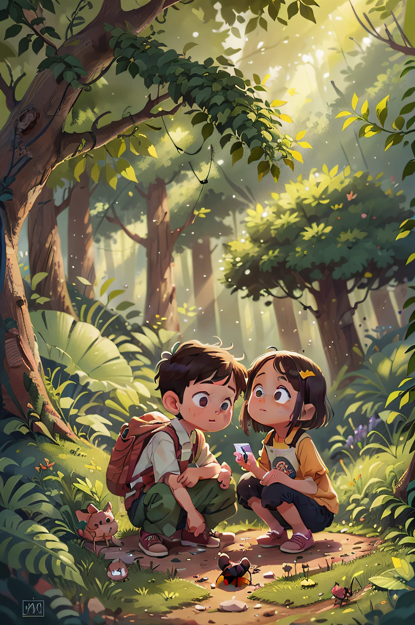  boy and girl observe little ants on the ground in the woods，The colors are bright and bright