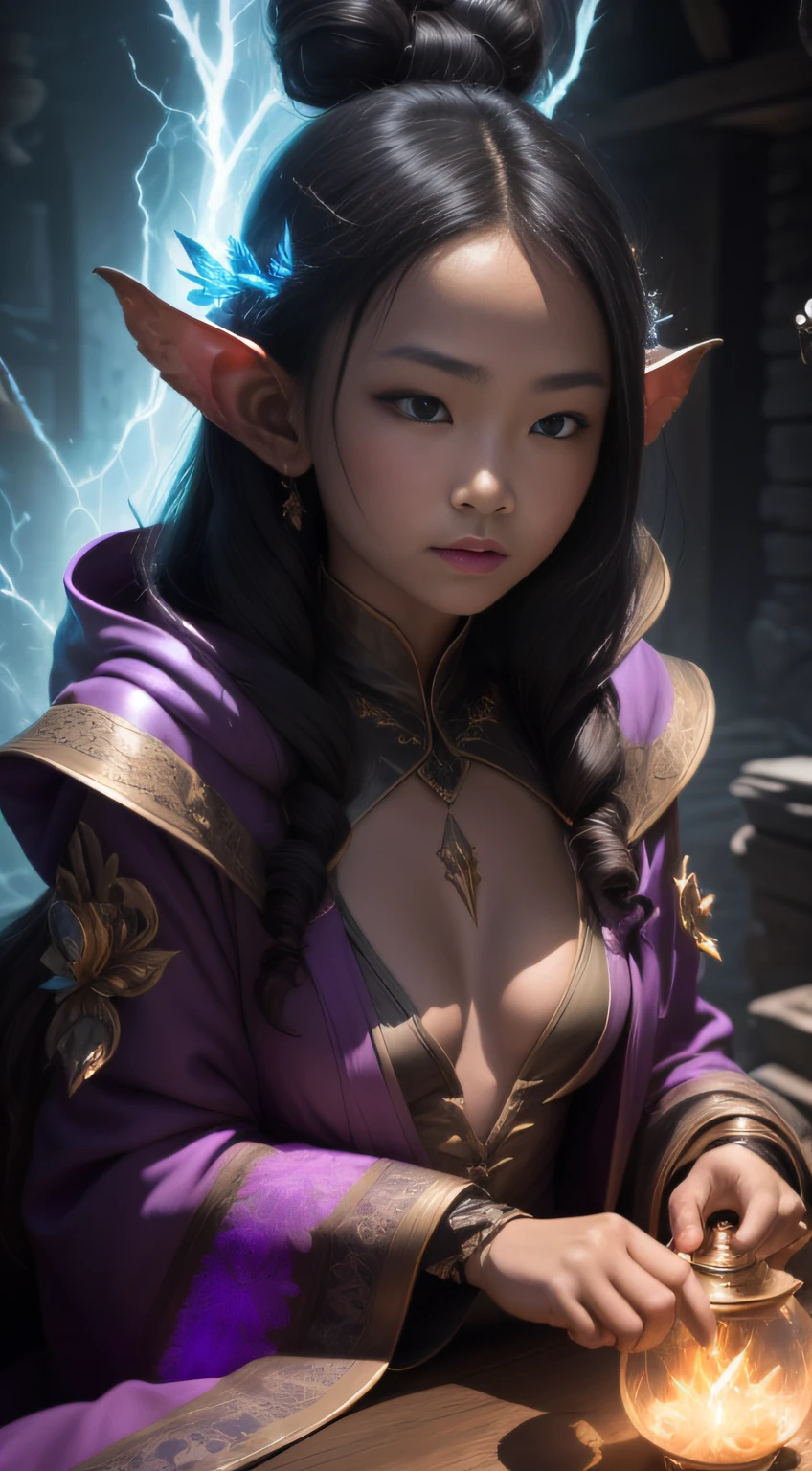 An old witch sits in a Kadilau chair in the background,She was holding a Soniste crow ,Asian fairy wearing silk hooded and glowing gloves,Lateral face,A collarless coat,Lightning hands,sunglasses,Cyberpunk smoke,(((tmasterpiece))),(((best qualtiy))(ultra - detailed)(illustratio)(Detailed lighting)((expressiveless))(tmasterpiece)(best qualtiy)(ultra - detailed)(photorealestic),(Detailed light),((an extremely delicate and beautiful one),((faeries)),((lightning in hand)),Lightning surrounds the fairy,((lightning chain)),Suspended crystals,There is lightning inside the crystal,