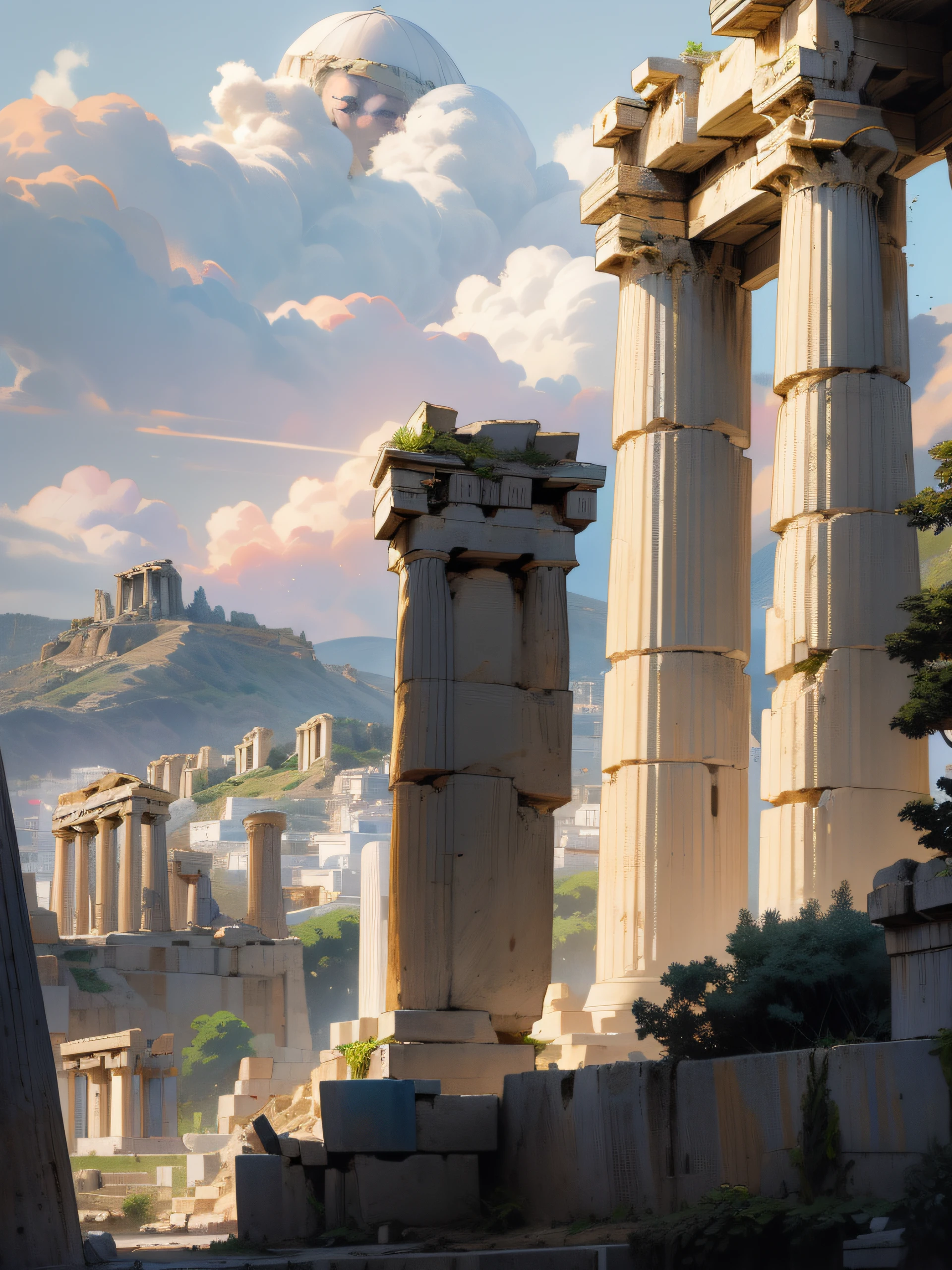arafed view of a city with a hill and a few buildings, classical greece, greek acropolis, ancient greek city, parthenon, athens in the background, greece, ancient greece, greek fantasy panorama, ancient greek ruins, in ruin agora of athens sunset, ancient greek style, ancient greek temple ruins, ancient mediterranean city, greek, greek architecture