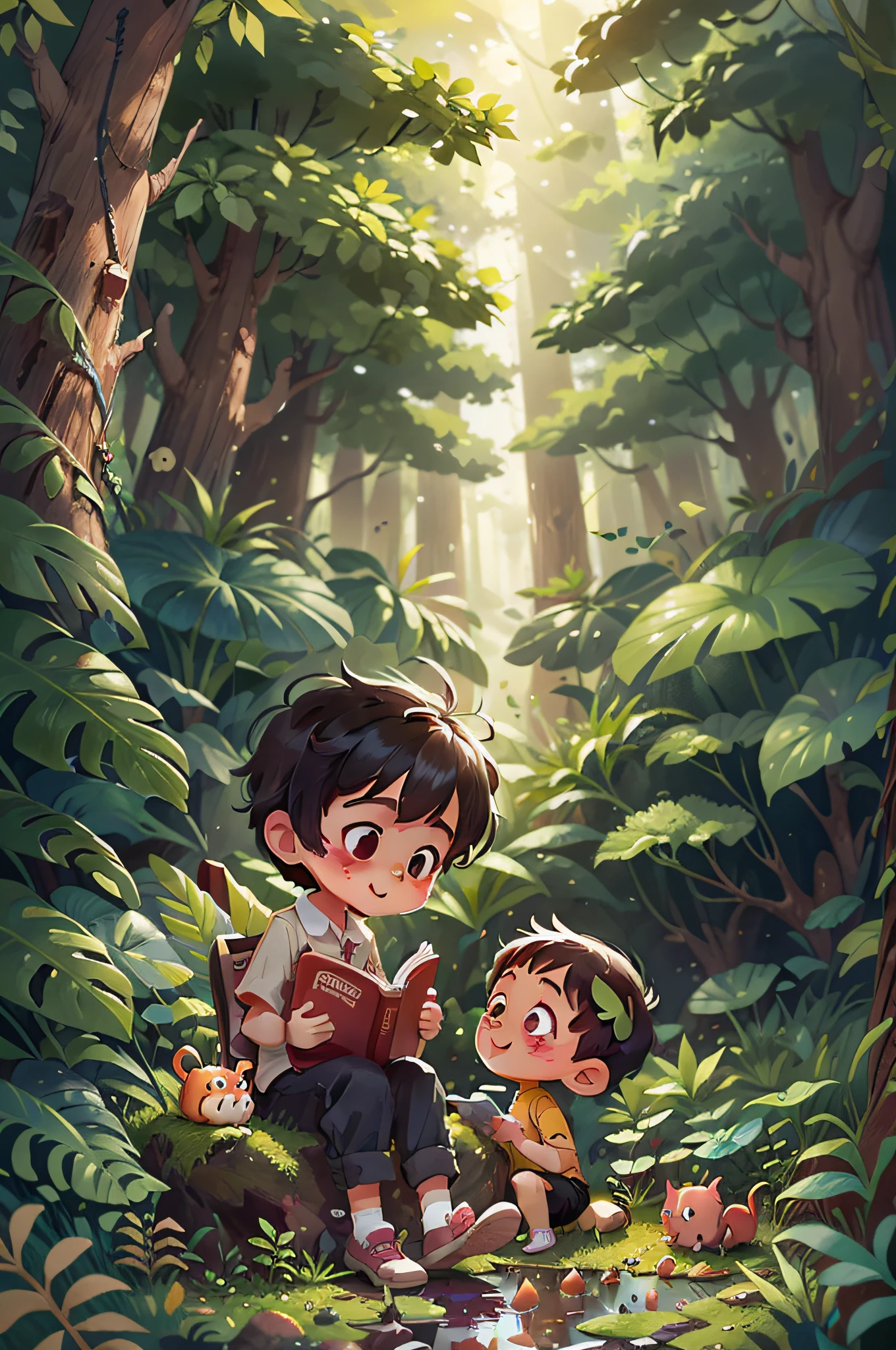 A little boy reading a book in the deep forest，A little girl observes the germination of a seed，Both were happy