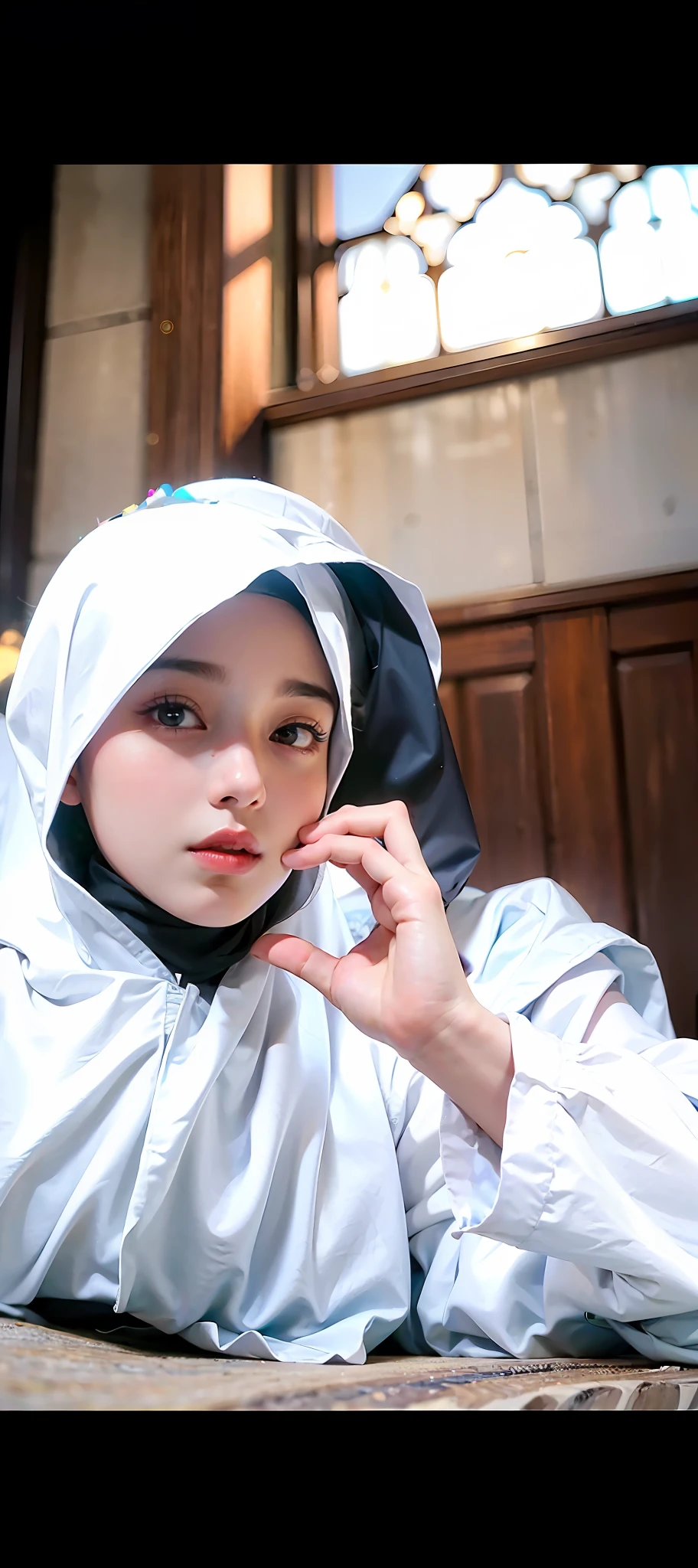 Best quality, masterpiece, ultra high res, (photorealistic:1.4), raw photo, 1girl, in the dark, deep shadow, low key, cold light, muslim girl in the mosque, underwear,small breast,HIG quality, beautidful eyes, (Detailed face and eyes), (Face、: 1 / 2), Noise, Real Photographics、... .................................................................................................................PSD, Sharp Focus, High resolution 8K, realisitic & Professional Photography, 8K UHD, Soft lighting, High quality, Film grain, FujifilmXT3