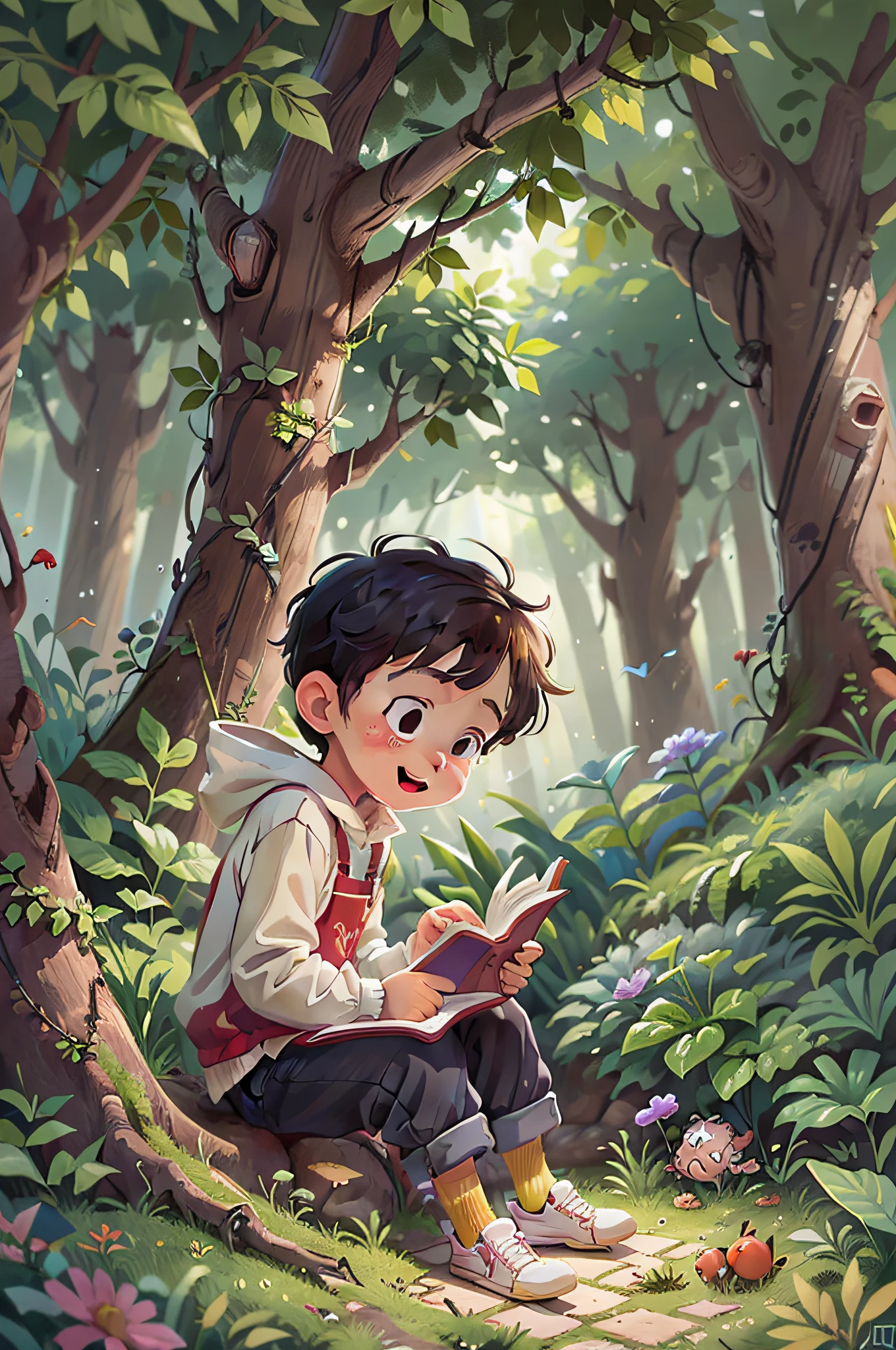 A boy reading a book in the deep forest,A littleobserves the germination of a seed,Both were happy