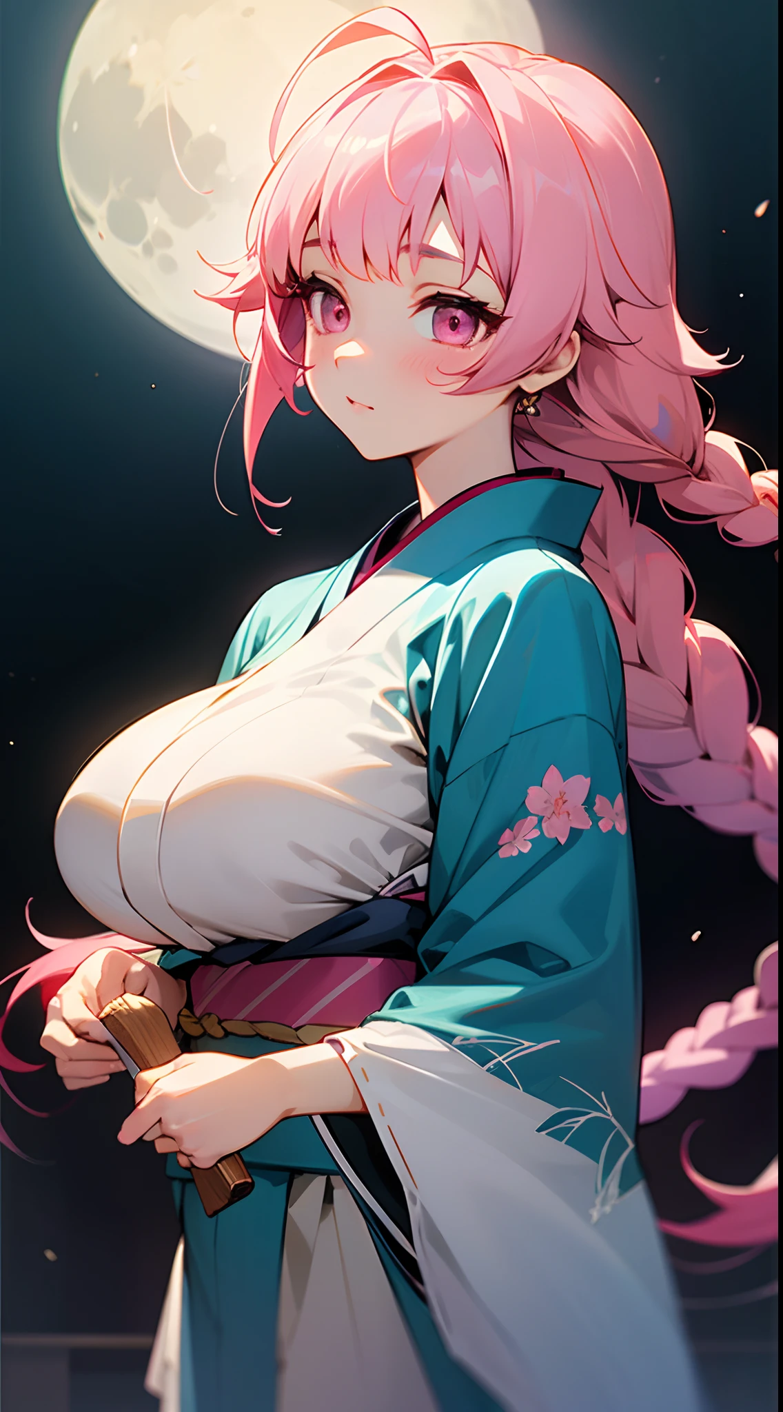 1 girl, game CG, floral blue kimono, gigantic breasts, pink hair, long hair, braids, princess hairstyle, ahoge, pink eyes, full moon, dumplings,