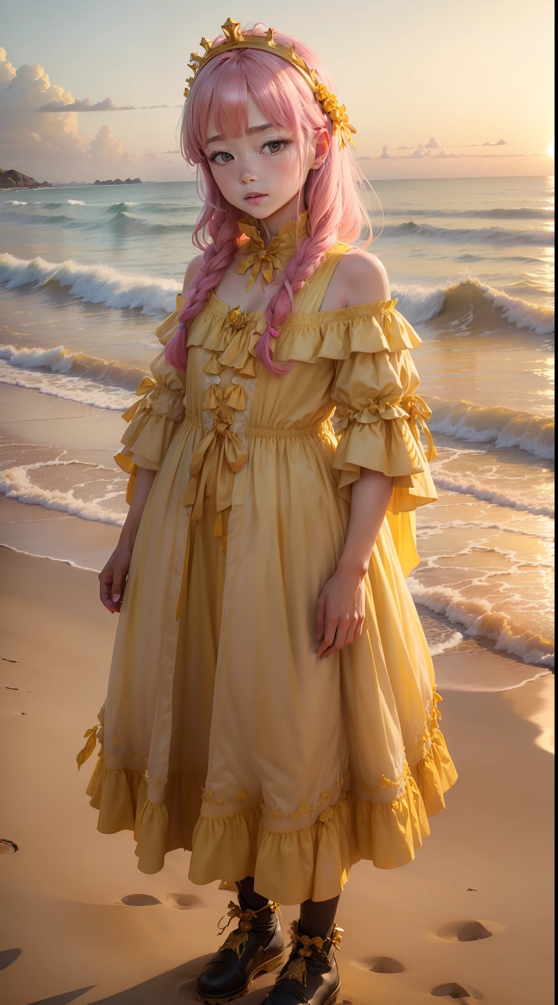 in a(((kinginyellow)))'s(eventide),One wears{{Pink ornaments}}'s{bit girl}standing at the beach。