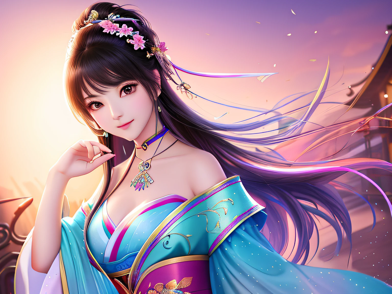 Need,tmasterpiece,A high resolution,1girl,Blushlush,(Seductive smile:0.8),starpupil,Chinese Hanfu,hair adornments,choker necklace,jewelry,Childlike big breasts,on_body,dingdall effect,realisticlying,light edge,Two-tone lighting,(highdetailskin:1.2),8k uhd,Slr,softlighting,high high quality,Volumetriclighting,photore,A high resolution,4k,8k,Background bokeh