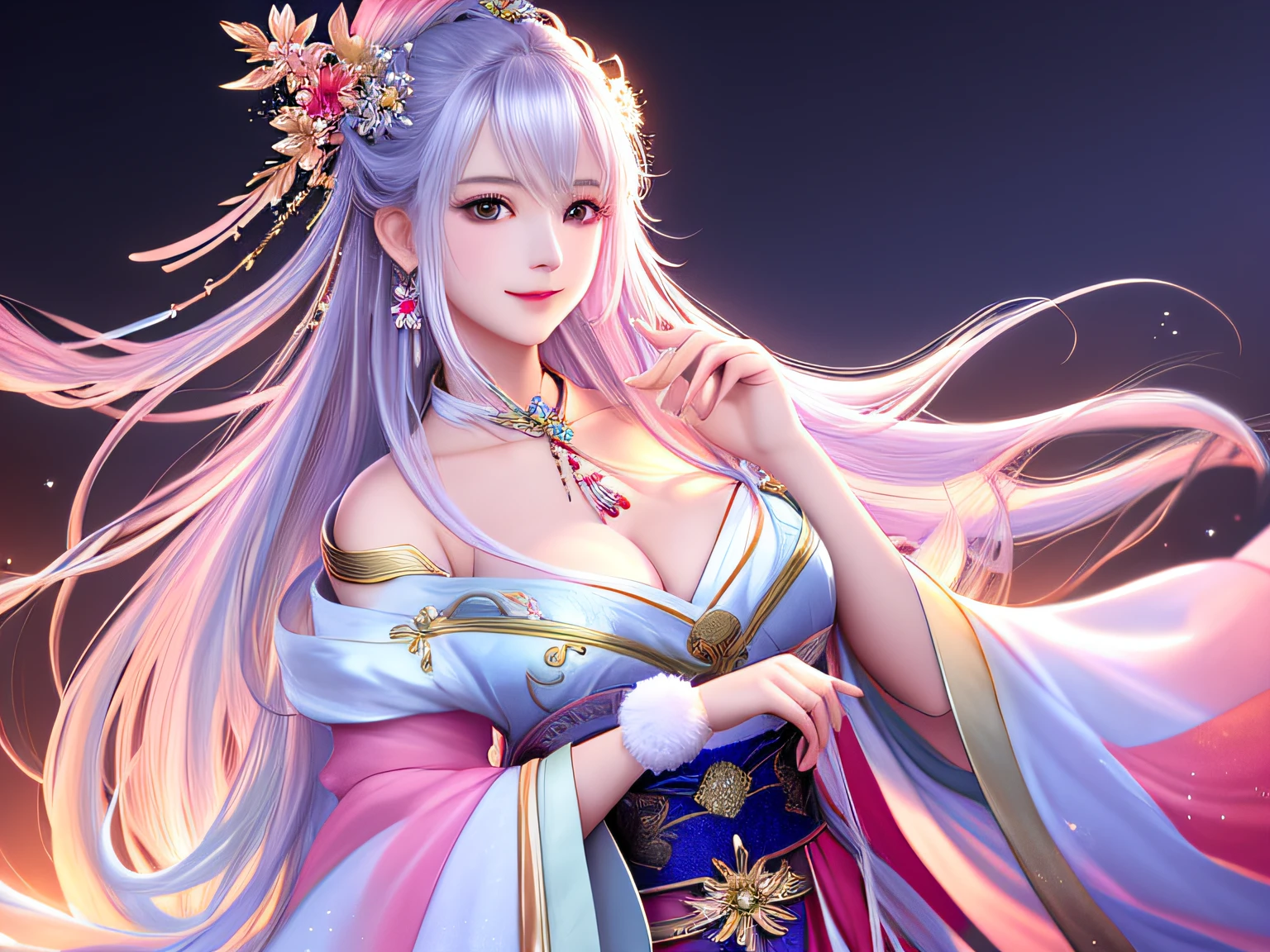 Need,tmasterpiece,A high resolution,1girl,Blushlush,(Seductive smile:0.8),starpupil,Chinese Hanfu,hair adornments,choker necklace,jewelry,Childlike big breasts,on_body,dingdall effect,realisticlying,light edge,Two-tone lighting,(highdetailskin:1.2),8k uhd,Slr,softlighting,high high quality,Volumetriclighting,photore,A high resolution,4k,8k,Background bokeh