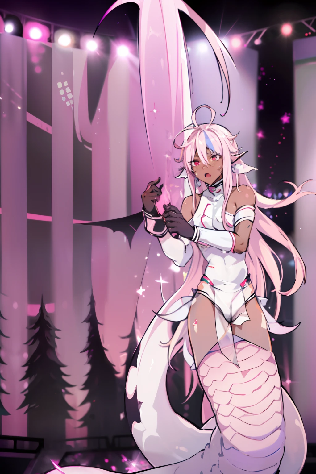 Anime illustration,best quality ,masterpiece, illustration, full-body of a lamia , Pop star, male , White Scales, Long White Hair with Pink hair Streaks, pink Crop top , White Half jacket, Skimpy tight shorts, Expression(( Shock, surprise,Midtransformation)), background( On Stage at a Concert)) clothes tearing, ((Dark Skin:1.4))