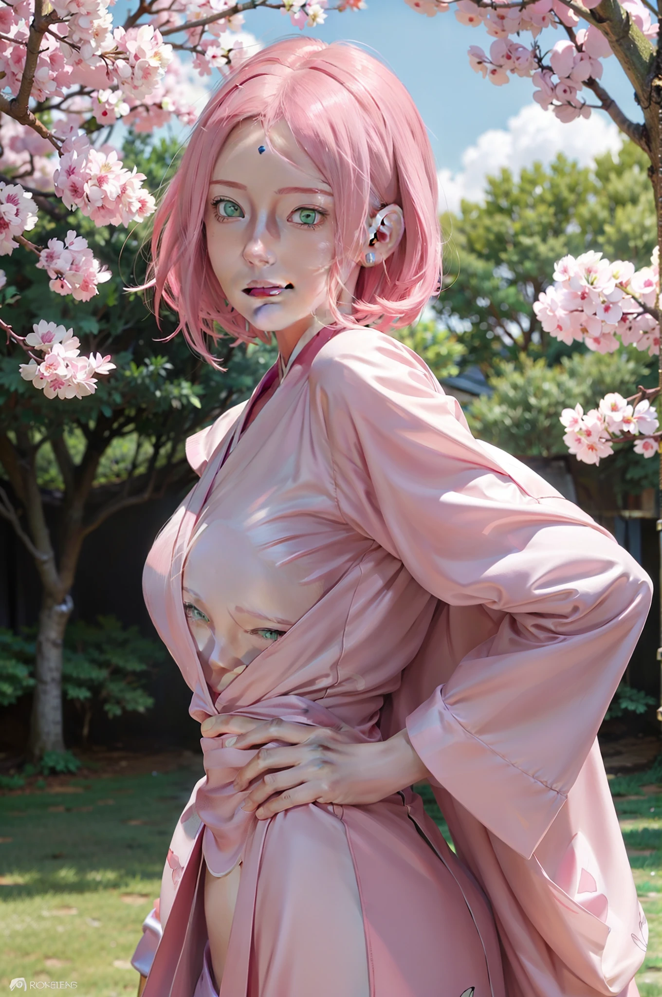 1girl, haruno sakura in anime naruto, short hair, pink hair, green eyes, smile, beautiful, pink clothes, very big breast, realistic clothes, detail clothes, outdoor background, ultra detail, realistic