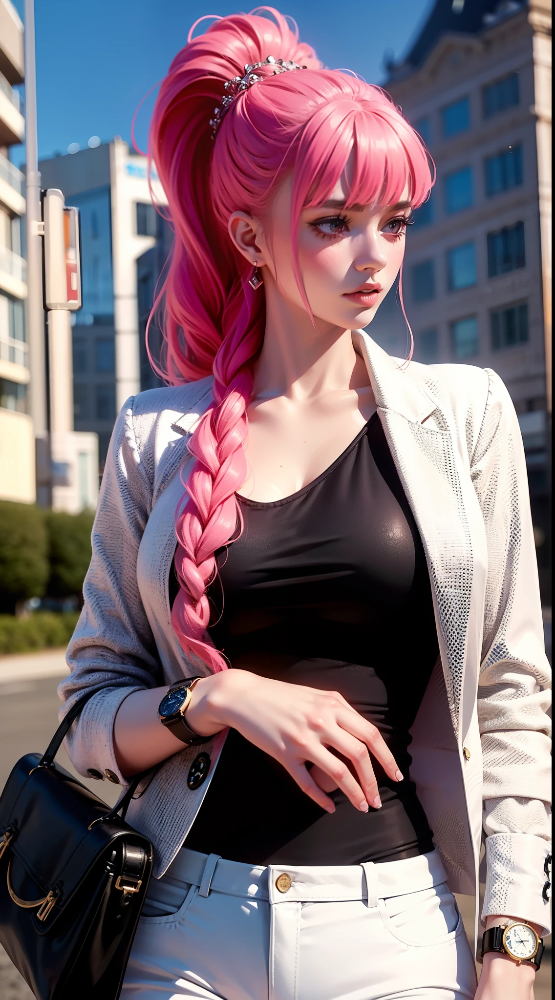 blush from anime one piece, long hair, pink hair, bangs, ponytail, mascara, ponytail, perfect body, perfect breasts, beautiful woman, very beautiful, wearing red formal shirt, neat clothes, formal attire, wearing white blazer , white pants, wearing a handbag, wearing a watch, wearing earrings, being in a city, roadside, public place, Realism, masterpiece, textured leather, super detailed, high detail, high quality, best quality, 1080P, HD, 16k