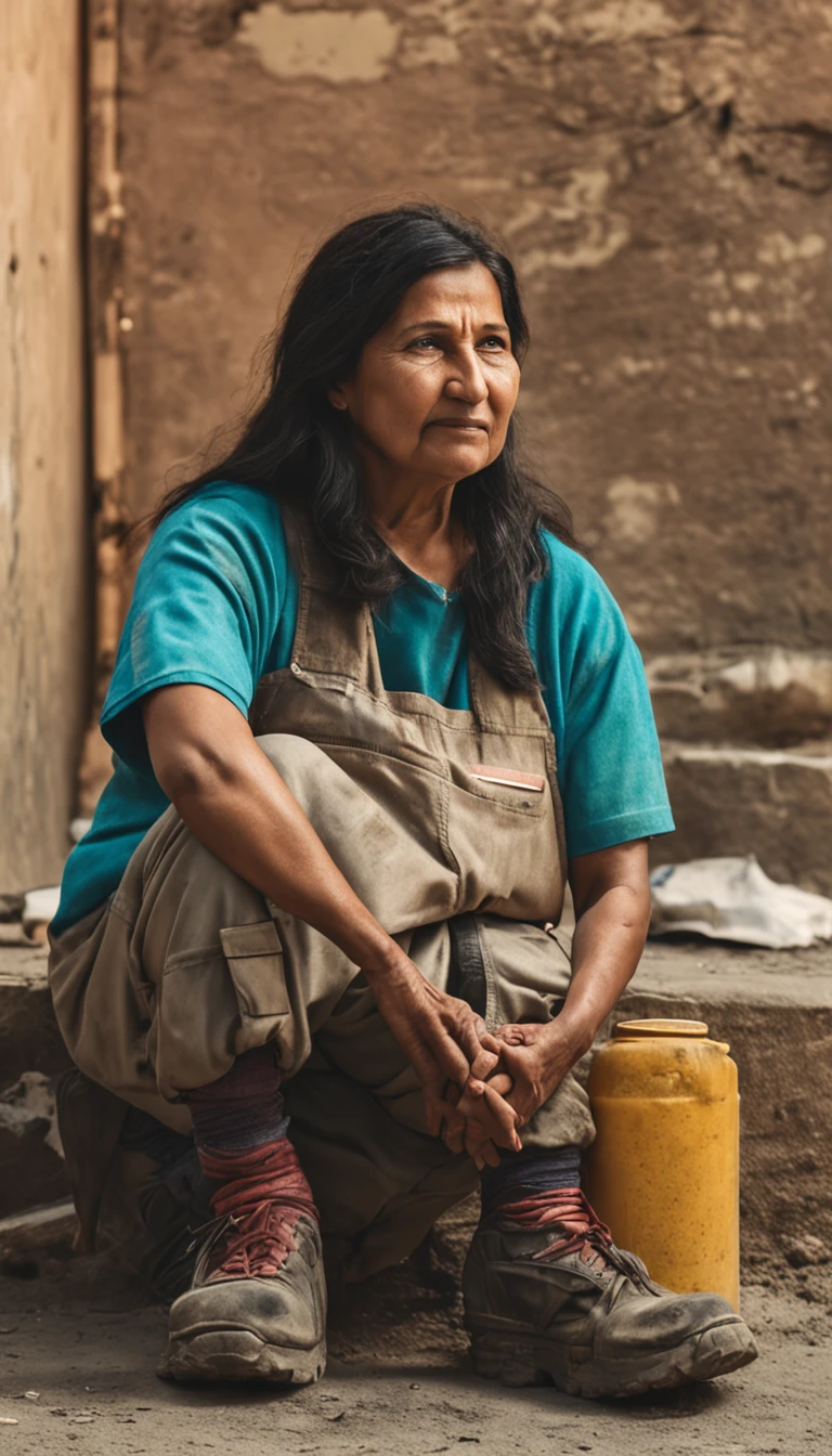 A sanitation worker and the Mona Lisa's form are combined，Middle-aged woman，Wear sanitation overalls，Kind smile，Pose for the Mona Lisa，Sitting on the street，There are a lot of wrinkles on the face as well as signs of aging