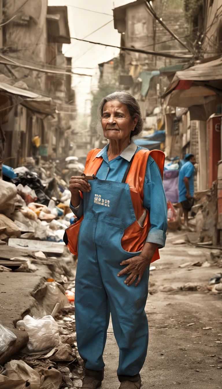 A sanitation worker and the Mona Lisa's form are combined,Middle-aged woman,Wear sanitation overalls,Kind smile,Pose for the Mona Lisa,Sitting on the street,There are a lot of wrinkles on the face as well as signs of aging
