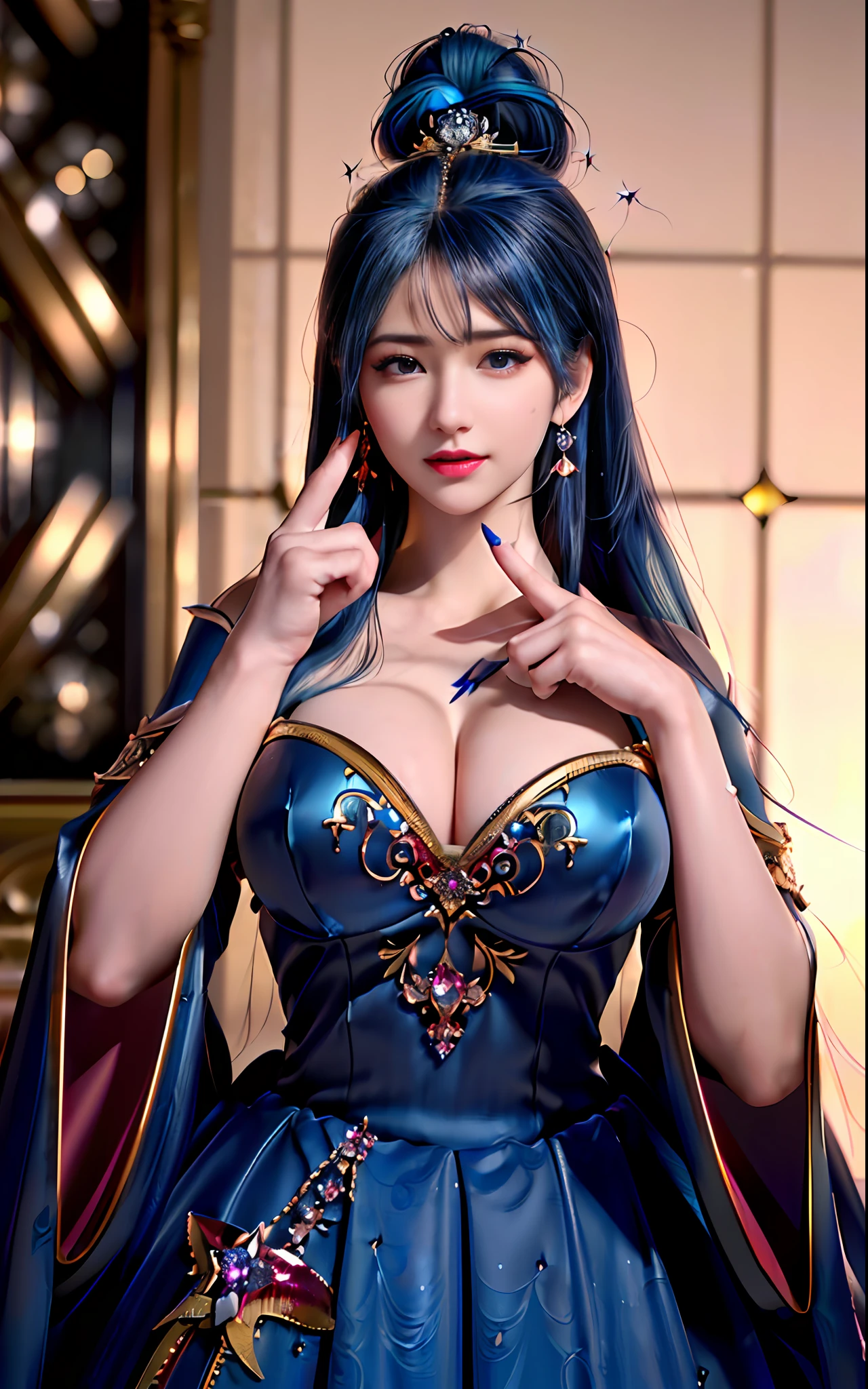 ((realisticity: 1.2)), ((realistic: 8K UHD)), ((best resolution: 8K UHD)), hyper detailed, best quality,masterpiece,highres,cg, ((1 girl hyper detailed and hyper realistic) ) , ((beautiful queen, hyper realistic and hyper detailed)),((white skin, beautiful, smooth, youthful, hyper realistic and hyper detailed )), ((Face hyper beautiful, white, hyper realistic and hyper detailed ) ), long hair, ((hyper realistic and hyper detailed dress)), solo, ((hyper realistic, hyper beautiful, beautiful and hyper detailed jewelry)), ((hyper beautiful deep red and golden yellow dress, hyper realistic and hyper detailed )) , ((Her pretty, hyper realistic, hyper detailed diamond filled earrings)), ((Her gorgeous diamond haircut, hyper realistic and hyper detailed)), ((hyper pretty upper body, hyper beautiful, hyper realistic and hyper detailed) ), ((medium breast: 1.1)), ((hyper realistic, hyper pretty, hyper detailed boobs)), ((the backgroun of the royal palace is hyper majestic, hyper realistic and hyper detailed)),((hands and palms hyper beautiful, hyper detailed, hyper realistic)), ((hyper detailed and hyper realistic fingers and fingernails)), ((hyper pretty fingernails, hyper vivid, hyper detailed, hyper realistic)), ((thumb, index finger, middle finger, ring finger, little finger hyper vivid, hyper pretty, hyper detailed, hyper realistic)), ((hyper beautiful fingers, hyper detailed, and hyper realistic)), ((posture not too fat and not too thin, hyper realistic, hyper detail)), ((hyper pretty, hyper pretty, hyper realistic and hyper detailed hair bun)), ((hyper pretty , hyper realistic and hyper detailed blue hair)), candid, Photo, high resolution, 8k , bokeh,