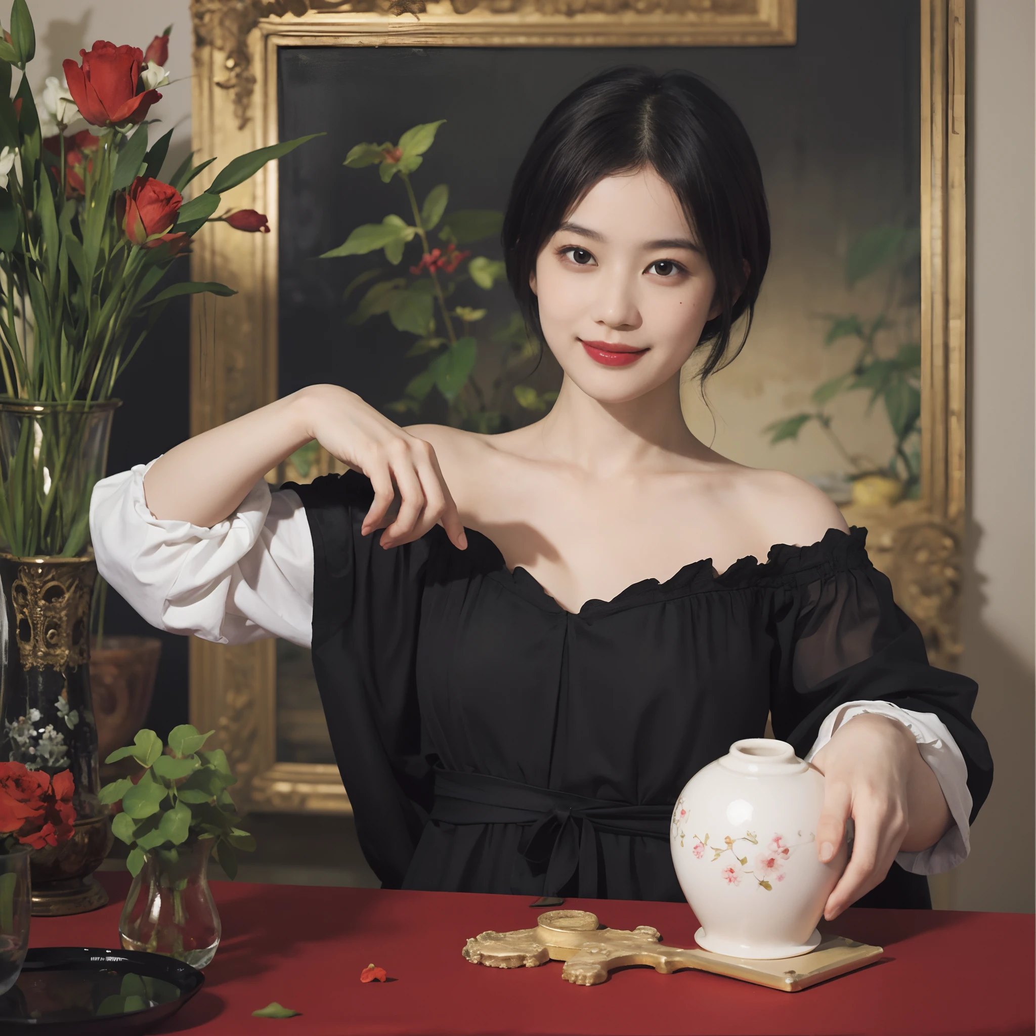 (Oil Painting: 1.5), \\ Woman with short black hair, ((Luxurious room)),  (Amy Saul: 0.248), (Stanley Agar Liu: 0.106), (detailed paintings: 0.353), (Gothic art: 0.106), vases, with floral pattern, (((A slight smil)))