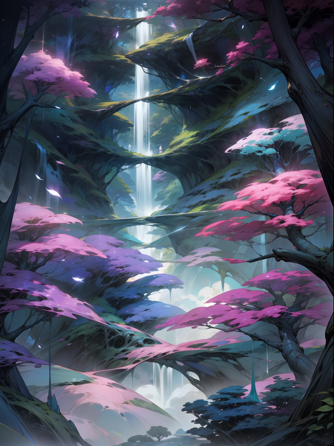a fantastic image that transports the viewer to a whimsical and enchanting world. The scene unfolds with vibrant hues of blues and purples, painting a dreamlike landscape. Towering crystalline trees reach towards the sky, their leaves emitting a soft, soothing glow. Colorful and fantastical creatures with iridescent wings flit among the branches, creating an atmosphere of magic and wonder. In the distance, a cascading waterfall descends from floating islands, its waters turning into mist before touching the ground. The art style should evoke a sense of awe and imagination, inviting viewers to immerse themselves in this extraordinary realm.