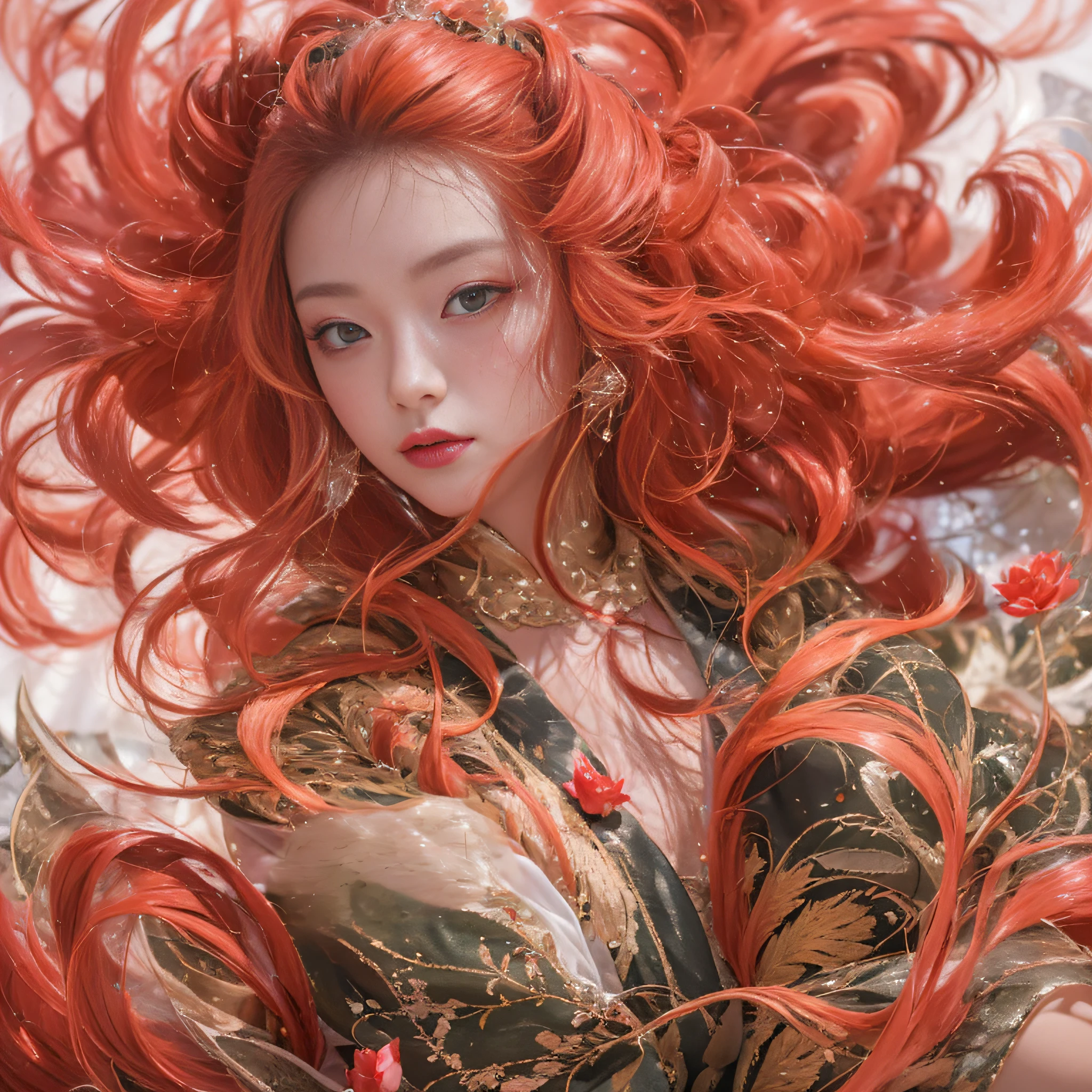 32K(tmasterpiece,k hd,hyper HD,32K)Flowing ball hairs,Flowing rouge,ponds,zydink, a color, Asian people (Silly girl), (Silk scarf), Combat posture, looking at the ground, Flowing ball hairs, Flowing rouge curls, Crocodile leather tiara, Chinese long-sleeved clothing, (abstract ink splash:1.2), Pink lotus background,Water lily flower protector(realisticlying:1.4),Rouge hair,Autumn is in full swing,The background is pure, A high resolution, the detail,