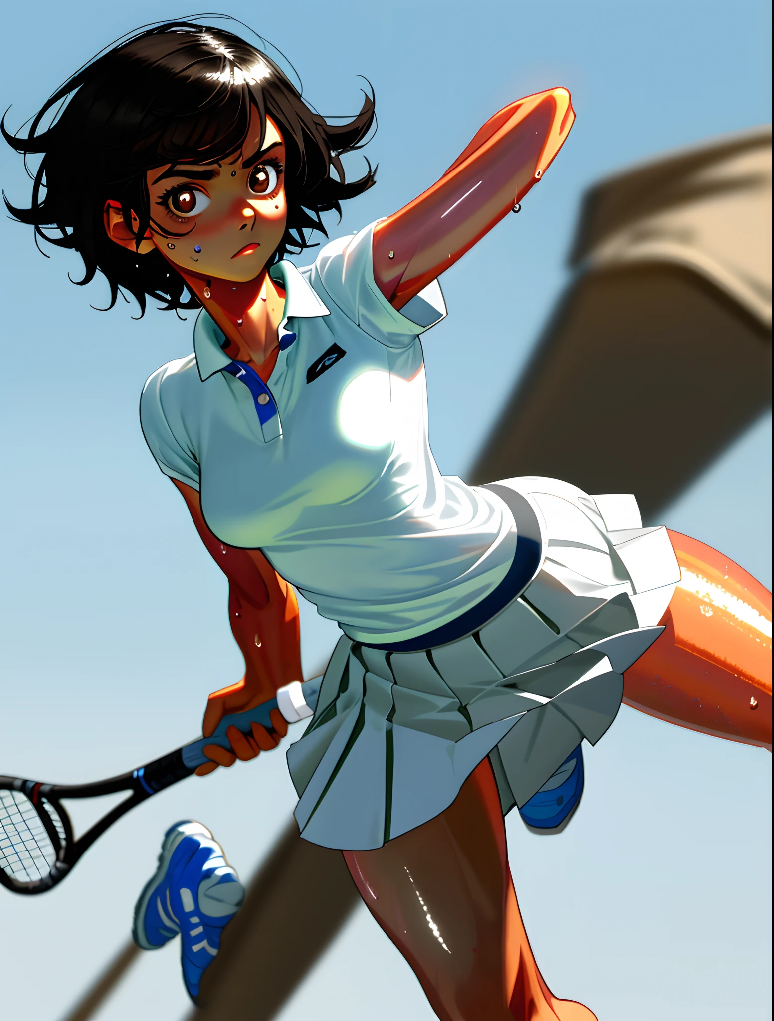 1girl, solo, white polo shirt, white sneakers, tennis wear, white miniskirt, masterpiece, best quality, realistic, hyper-detailed, (shiny skin, sweaty:1.4), absurd, looking at viewer, short black hair, brown eyes, slender, dynamic lighting, high resolution, sharp focus, depth of field, detailed eyes, sharp pupils, realistic pupils, (small breasts:1.6), (thick thighs:1.0), outdoor, sky