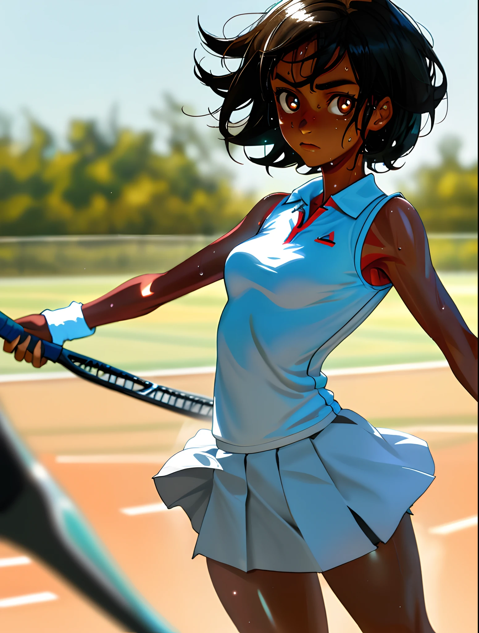 1girl, solo, white polo shirt, white sneakers, tennis wear, white miniskirt, masterpiece, best quality, realistic, hyper-detailed, (shiny skin, sweaty:1.4), absurd, looking at viewer, short black hair, brown eyes, slender, dynamic lighting, high resolution, sharp focus, depth of field, detailed eyes, sharp pupils, realistic pupils, (small breasts:1.6), (thick thighs:1.0), outdoor, sky